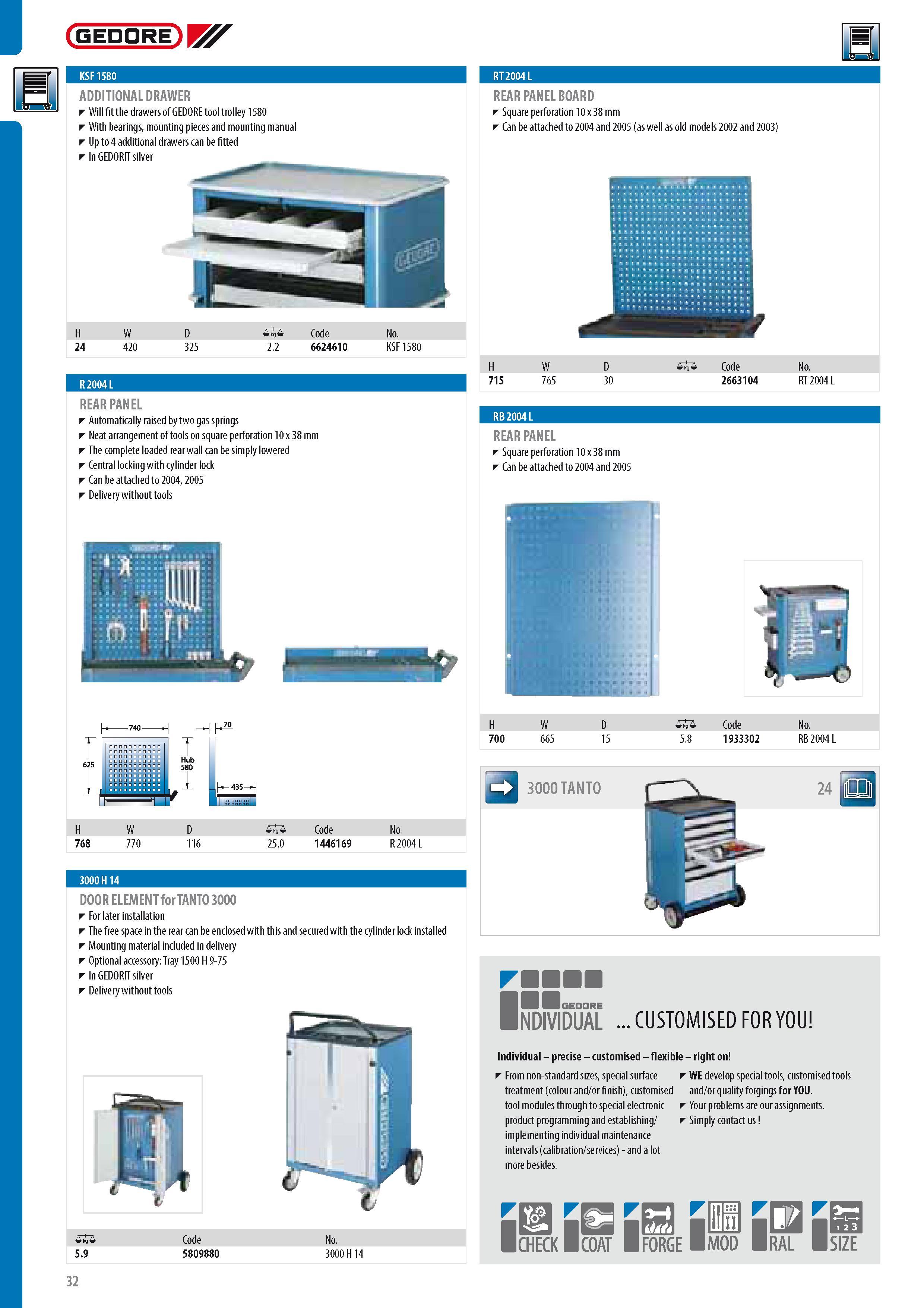 34 GEDORE U4 ADDITIONAL DRAWER Will fit the drawers of GEDORE tool trolley 1580 With bearings mounting pieces and mounting manual Up to 4 additional drawers c Каталог GEDORE 2014 Профессиональный слесарный инструмент и оборудование для мастерских и машиностроительных производств Стр. 32 ENG