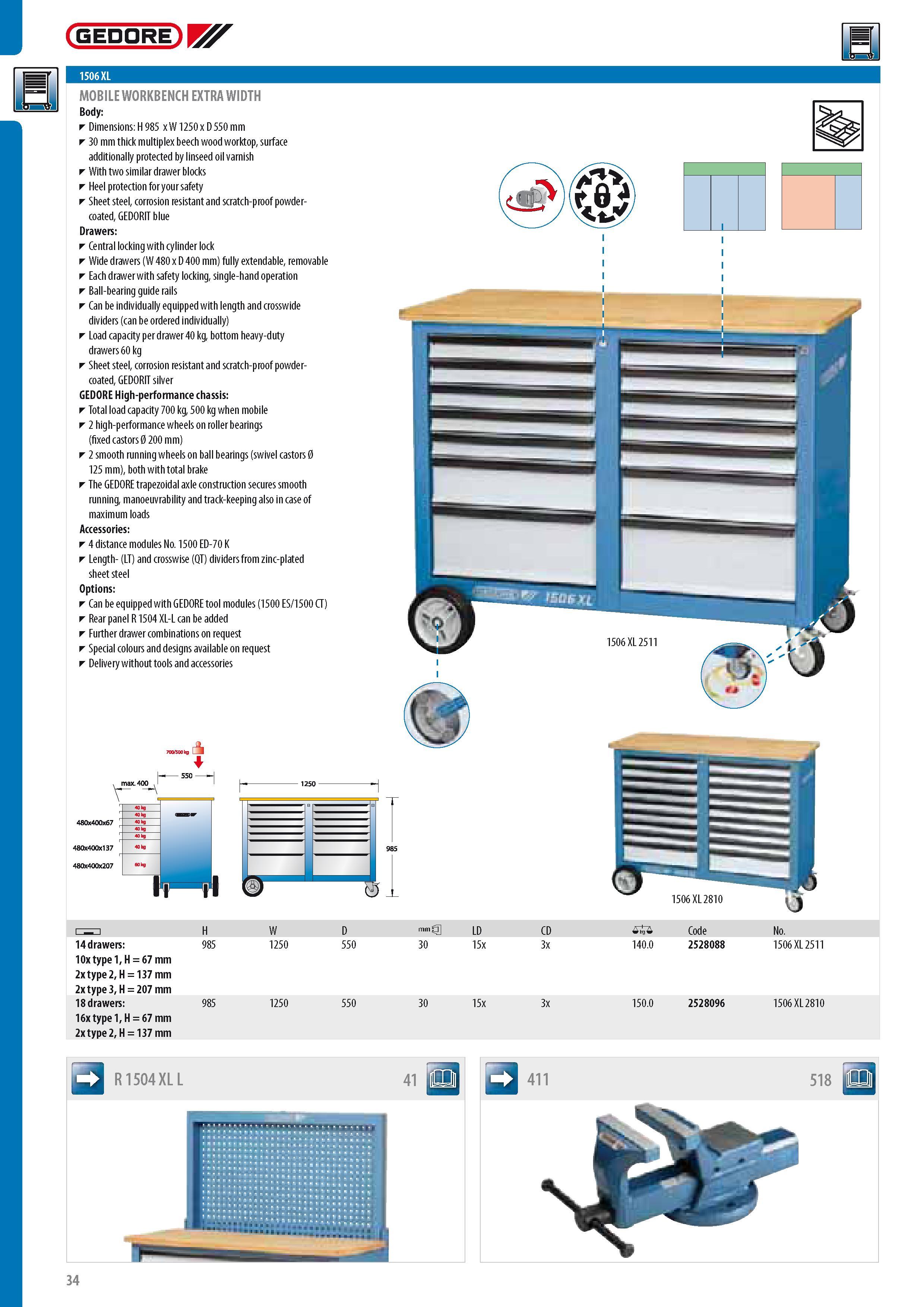 36 GEDORE U4 MOBILE WORKBENCH EXTRA WIDTH Body Dimensions H 985 x W 1250 x D 550 mm 30 mm thick multiplex beech wood worktop surface additionally protected by Каталог GEDORE 2014 Профессиональный слесарный инструмент и оборудование для мастерских и машиностроительных производств Стр. 34 ENG