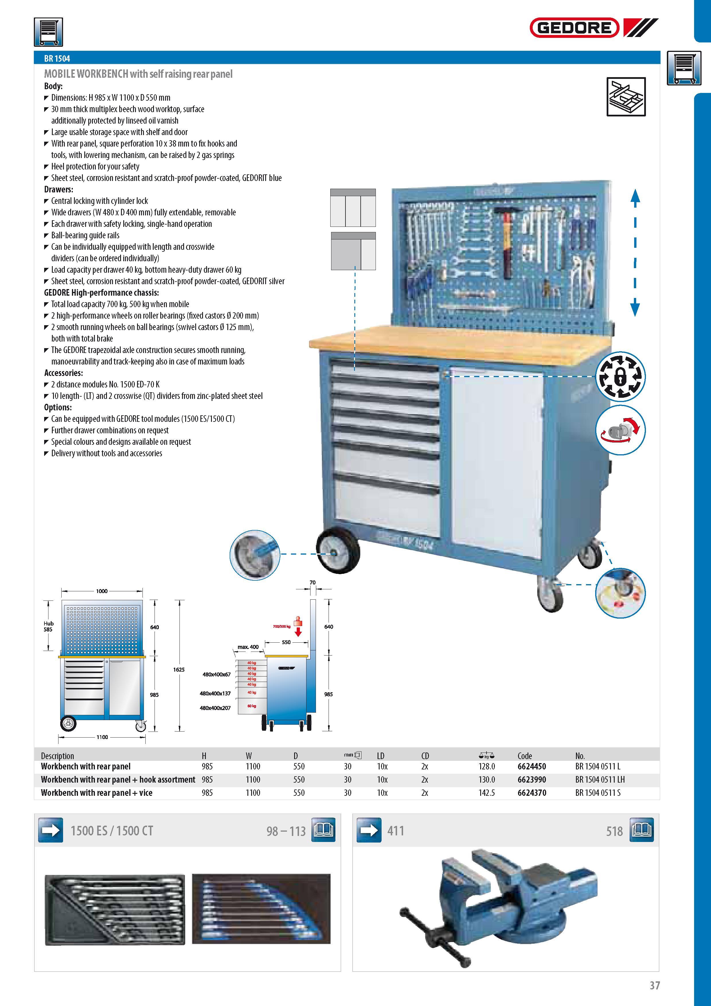 39 GEDORE MOBILE WORKBENCH with self raising rear panel Body Dimensions H 985 x W 1100 x D 550 mm 30 mm thick multiplex beech wood worktop surface additionall Каталог GEDORE 2014 Профессиональный слесарный инструмент и оборудование для мастерских и машиностроительных производств Стр. 37 ENG