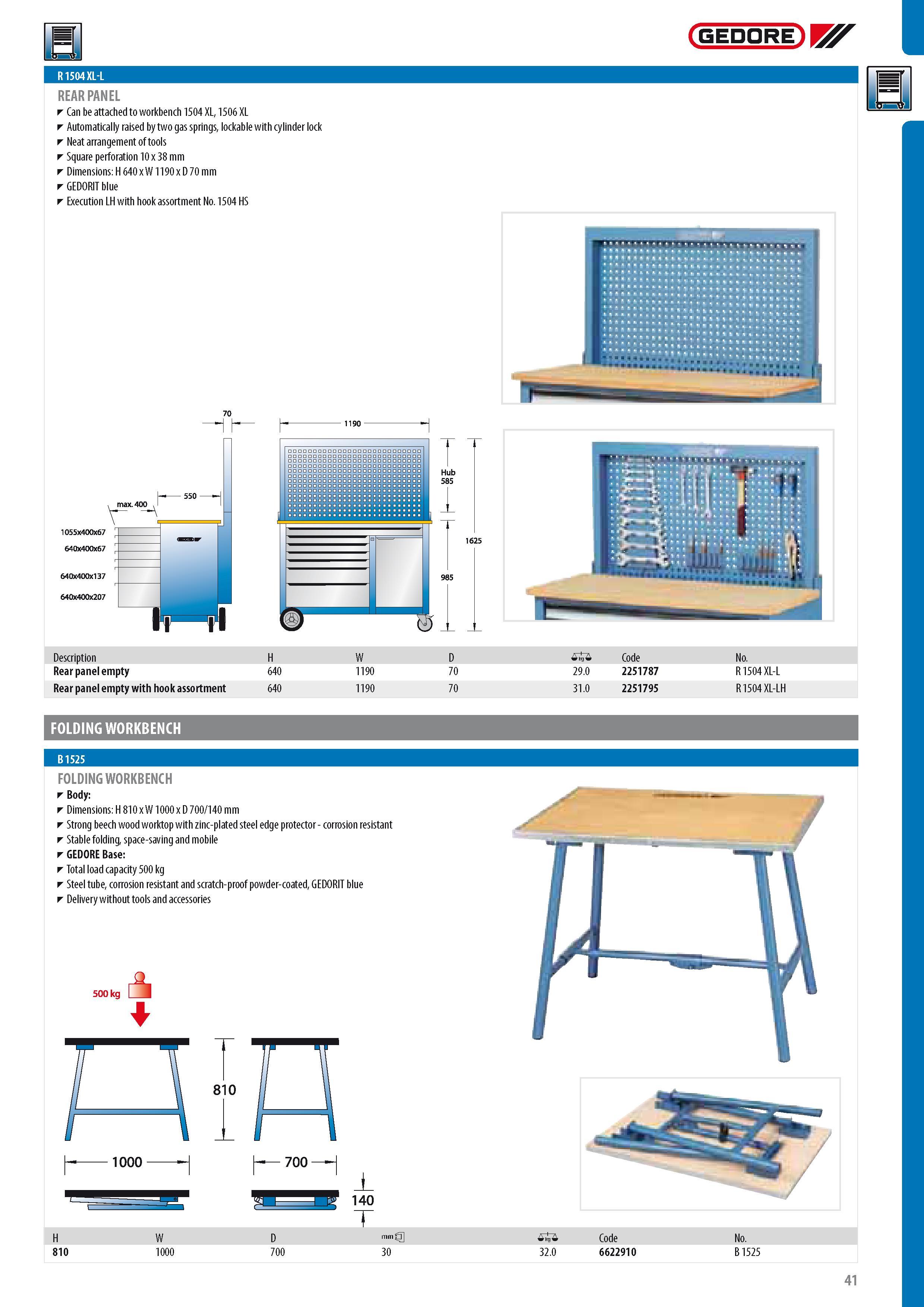 43 GEDORE R 1504 XL-L REAR PANEL Can be attached to workbench 1504 XL 1506 XL Automatically raised by two gas springs lockable with cylinder lock Neat arrange Каталог GEDORE 2014 Профессиональный слесарный инструмент и оборудование для мастерских и машиностроительных производств Стр. 41 ENG