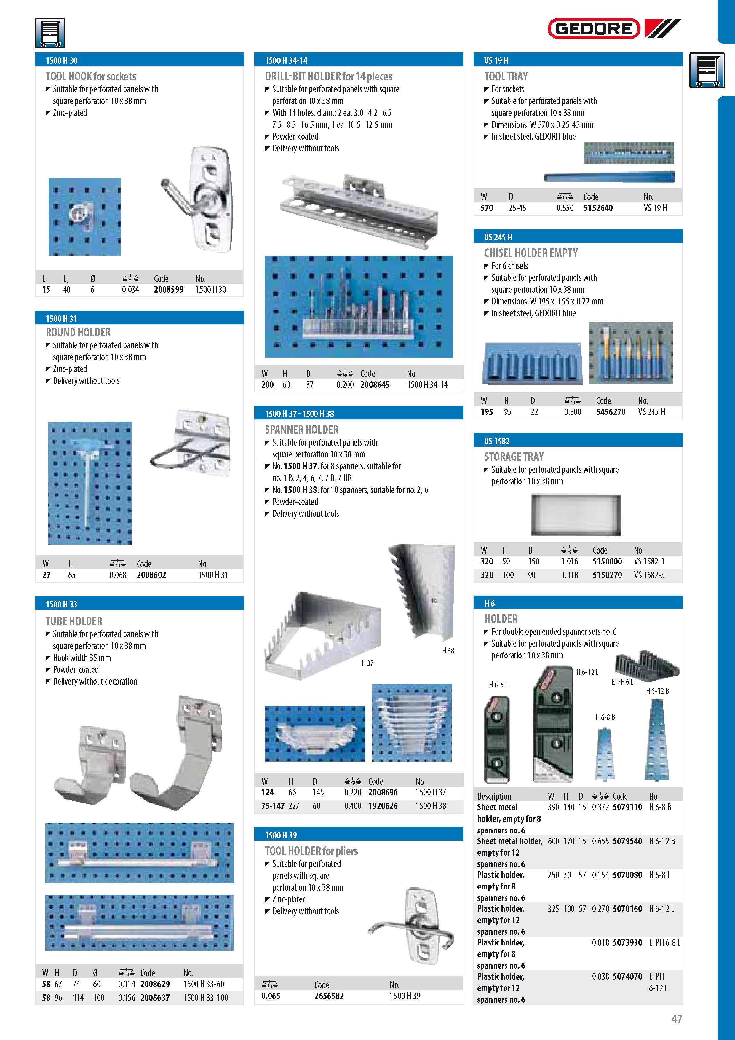 49 TOOL HOOK for sockets Suitable for perforated panels with square perforation 10 x 38 mm Zinc-plated I- L1 L2 0 Code No 15 40 6 0 034 2008599 1500H30 1500H3 Каталог GEDORE 2014 Профессиональный слесарный инструмент и оборудование для мастерских и машиностроительных производств Стр. 47 ENG