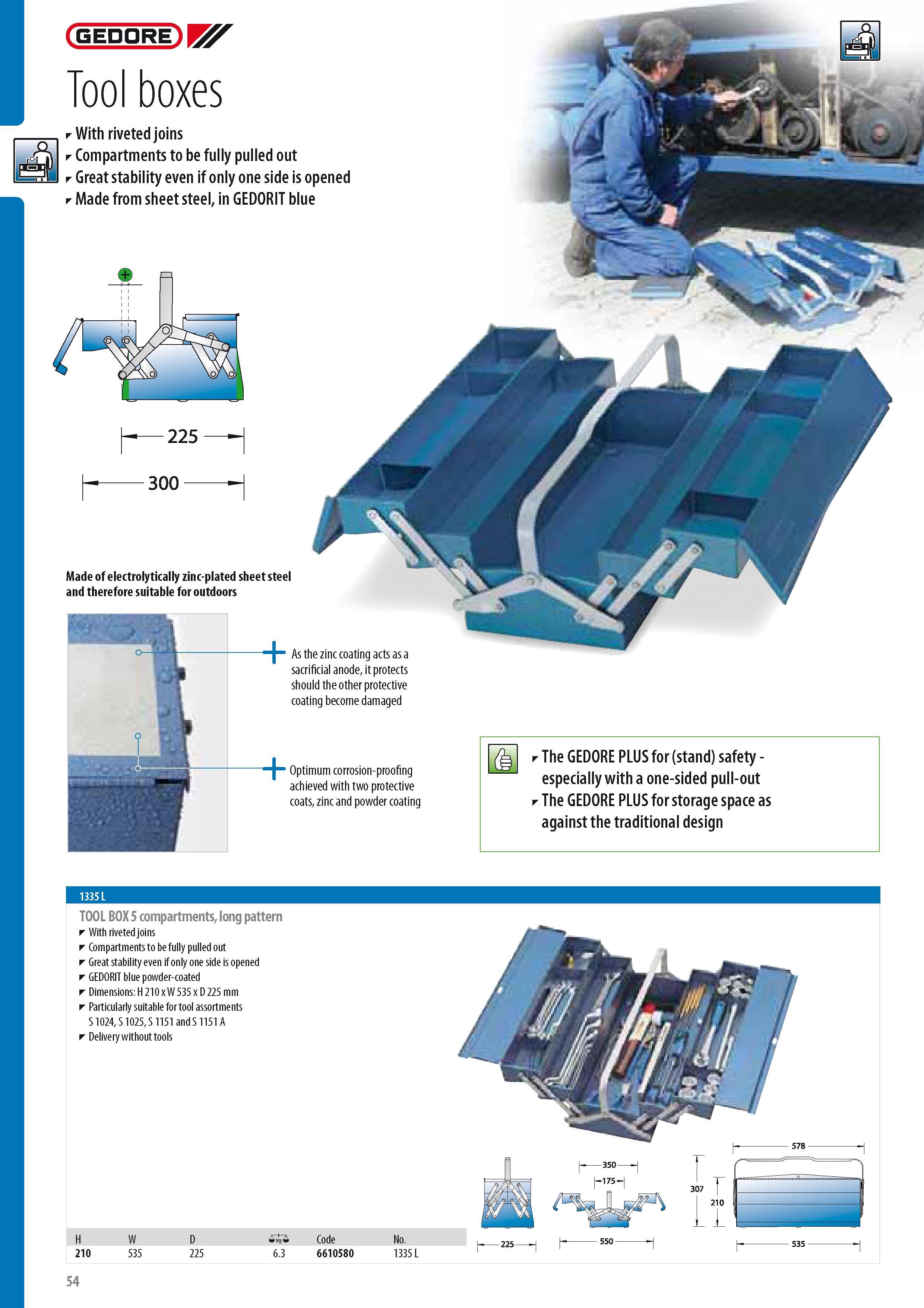 56 GEDORE Tool boxes With riveted joins Compartments to be fully pulled out Great stability even if only one side is opened Made from sheet steel in GEDORIT b Каталог GEDORE 2014 Профессиональный слесарный инструмент и оборудование для мастерских и машиностроительных производств Стр. 54 ENG