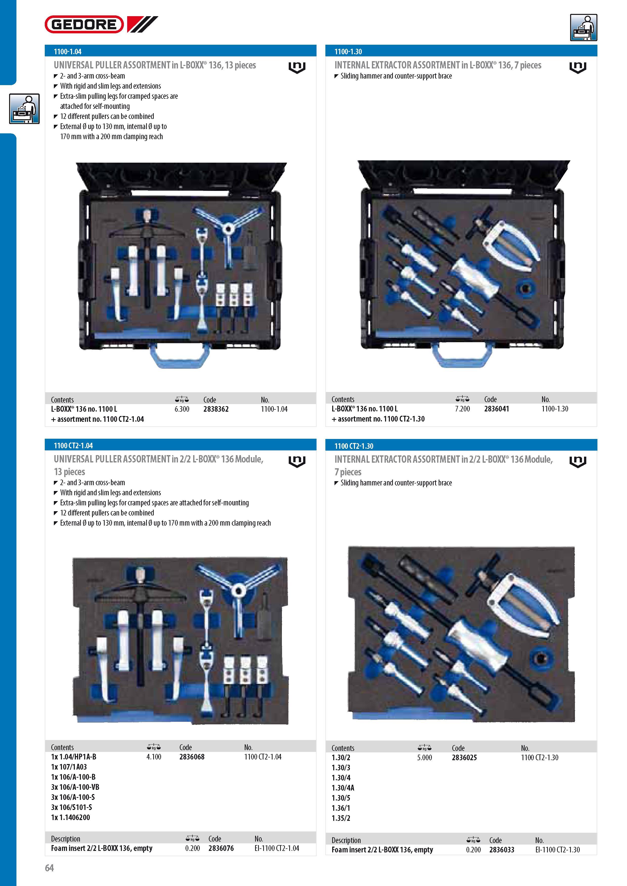 66 GEDORE UNIVERSAL PULLER ASSORTMENT in L-BOXX 136 13 pieces 2- and 3-arm cross-beam With rigid and slim legs and extensions Extra-slim pulling legs for cram Каталог GEDORE 2014 Профессиональный слесарный инструмент и оборудование для мастерских и машиностроительных производств Стр. 64 ENG