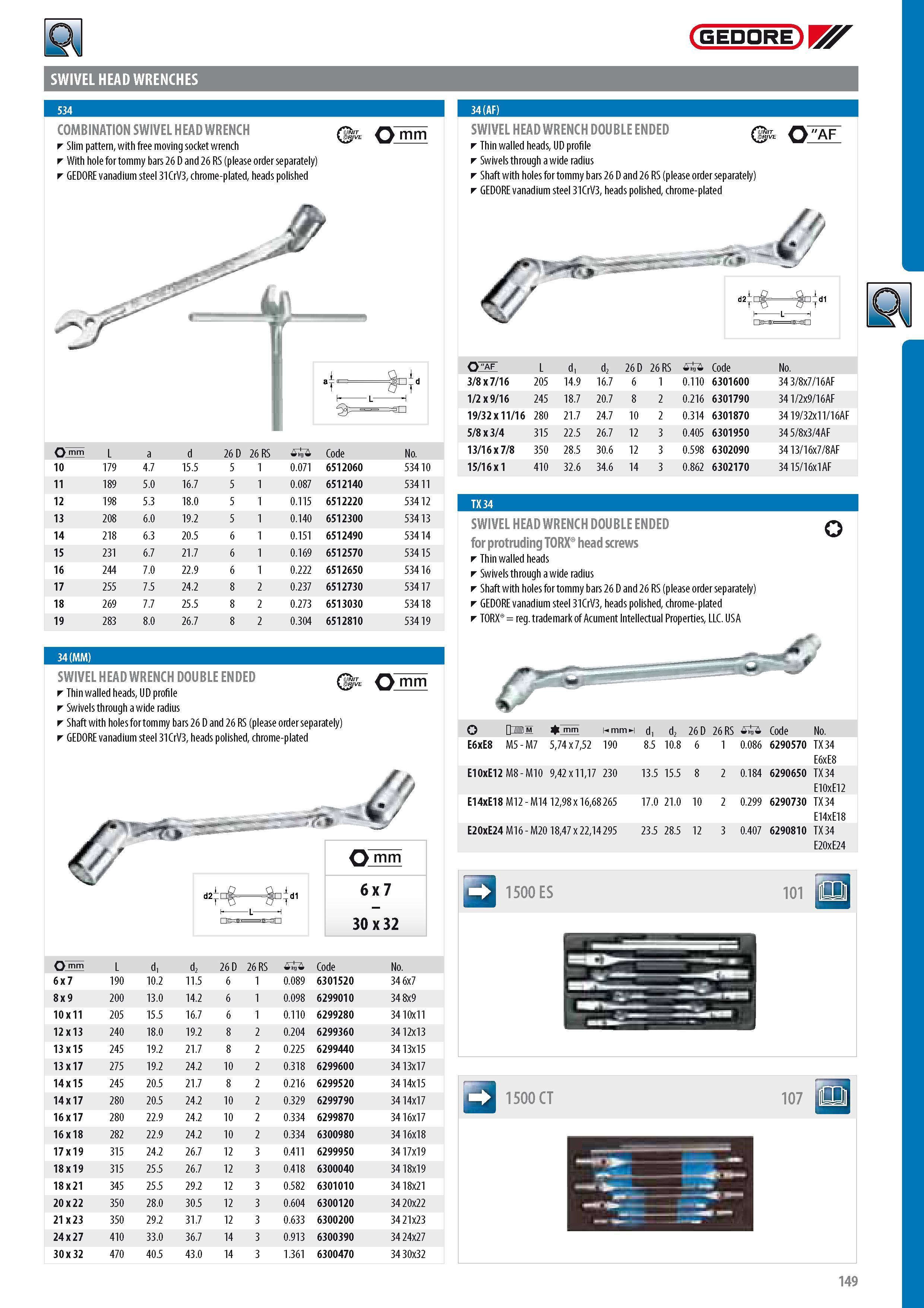 151 GEDORE SWIVEL HEAD WRENCHES COMBINATION SWIVEL HEAD WRENCH Slim pattern with free moving socket wrench With hole for tommy bars 26 D and 26 RS (please orde Каталог GEDORE 2014 Профессиональный слесарный инструмент и оборудование для мастерских и машиностроительных производств Стр. 149 ENG