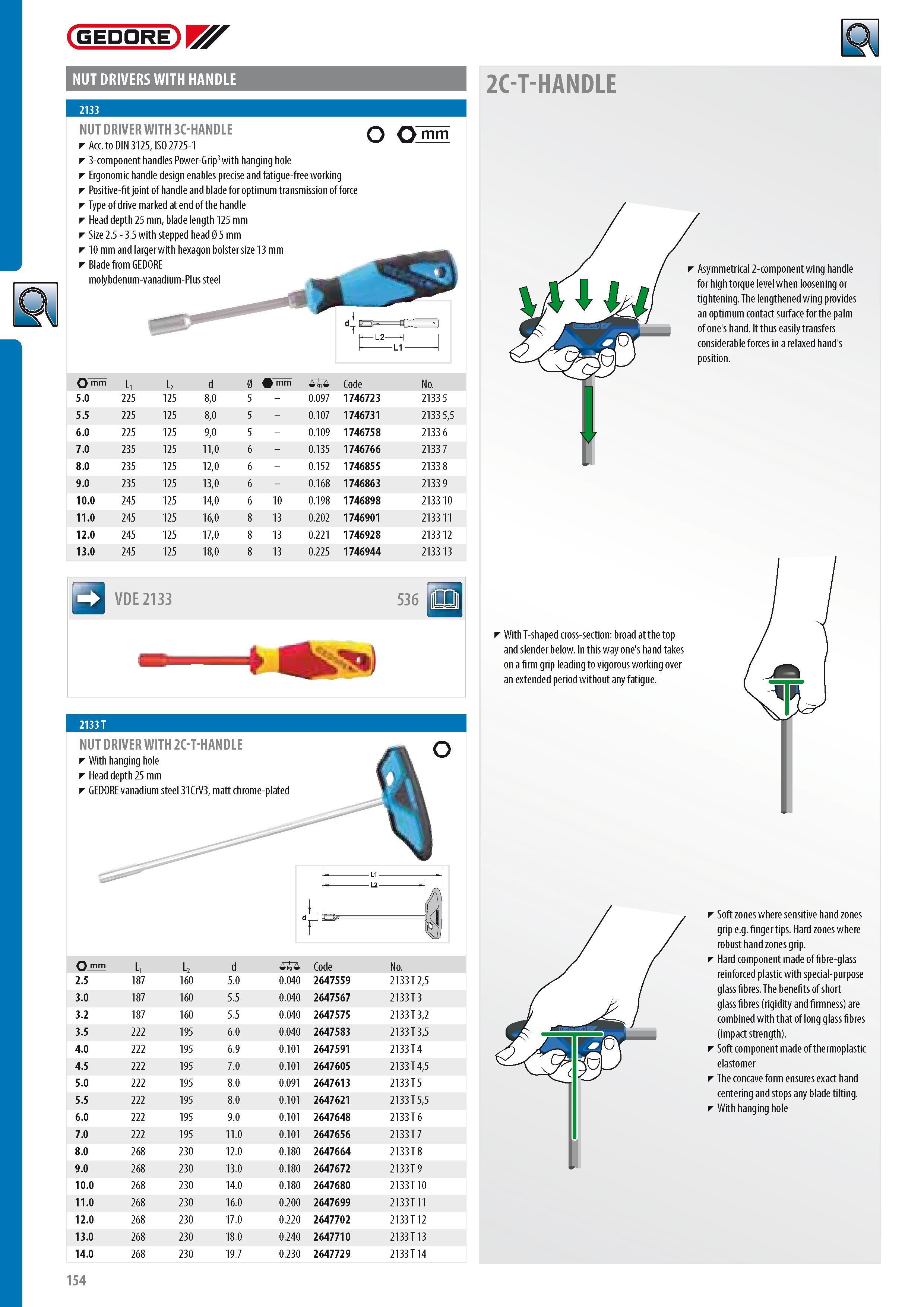 156 GEDORE NUT DRIVERS WITH HANDLE 2C-T-HANDLE NUT DRIVER WITH 3C-HANDLE Acc to DIN 3125 ISO 2725-1 3-component handles Power-Grip3 with hanging hole Ergonomic Каталог GEDORE 2014 Профессиональный слесарный инструмент и оборудование для мастерских и машиностроительных производств Стр. 154 ENG