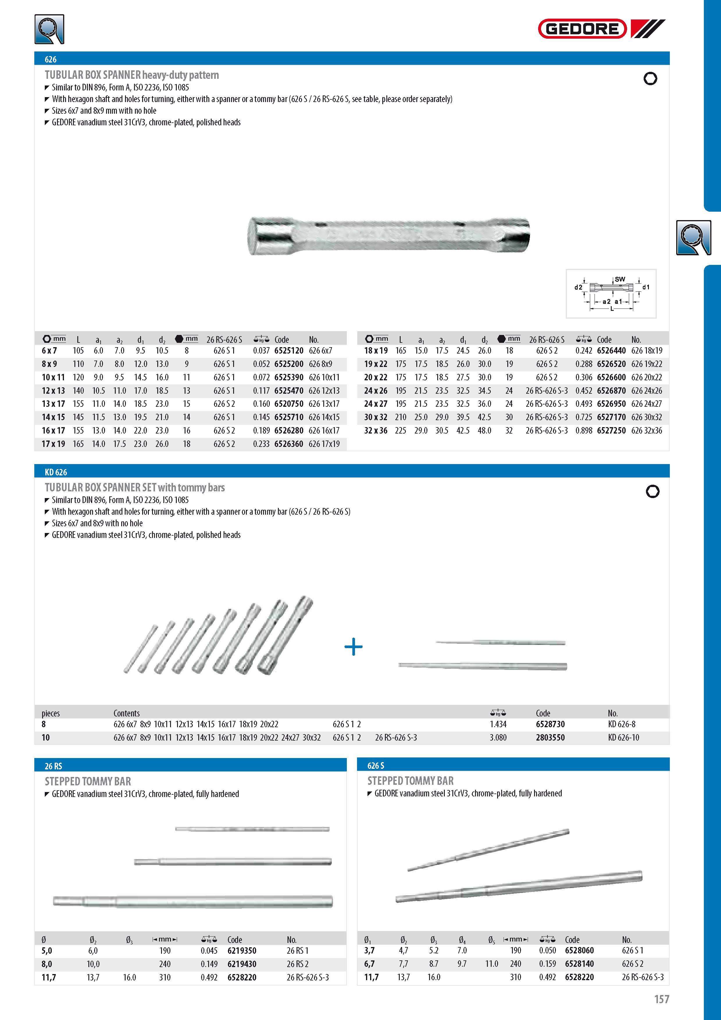 159 TUBULAR BOX SPANNER heavy-duty pattern Similar to DIN 896 Form A ISO 2236 ISO 1085 With hexagon shaft and holes for turning either with a spanner or a tomm Каталог GEDORE 2014 Профессиональный слесарный инструмент и оборудование для мастерских и машиностроительных производств Стр. 157 ENG