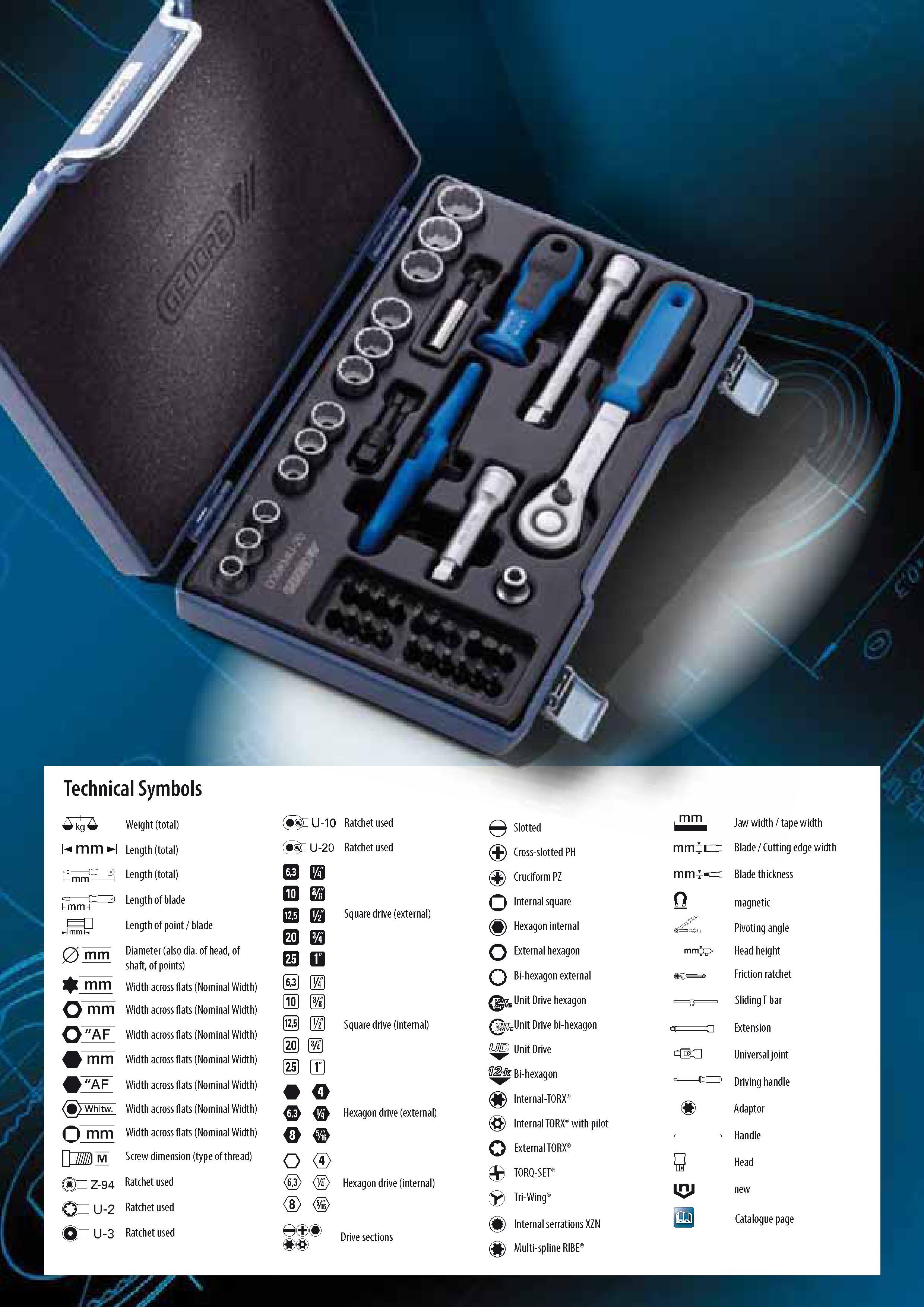162 Technical Symbols Ratchet used ( U-20 Ratchet used Jaw width tape width Blade Cutting edge width Weight (total) m mm m Length (total) Length (total) Length Каталог GEDORE 2014 Профессиональный слесарный инструмент и оборудование для мастерских и машиностроительных производств Стр. 160 ENG