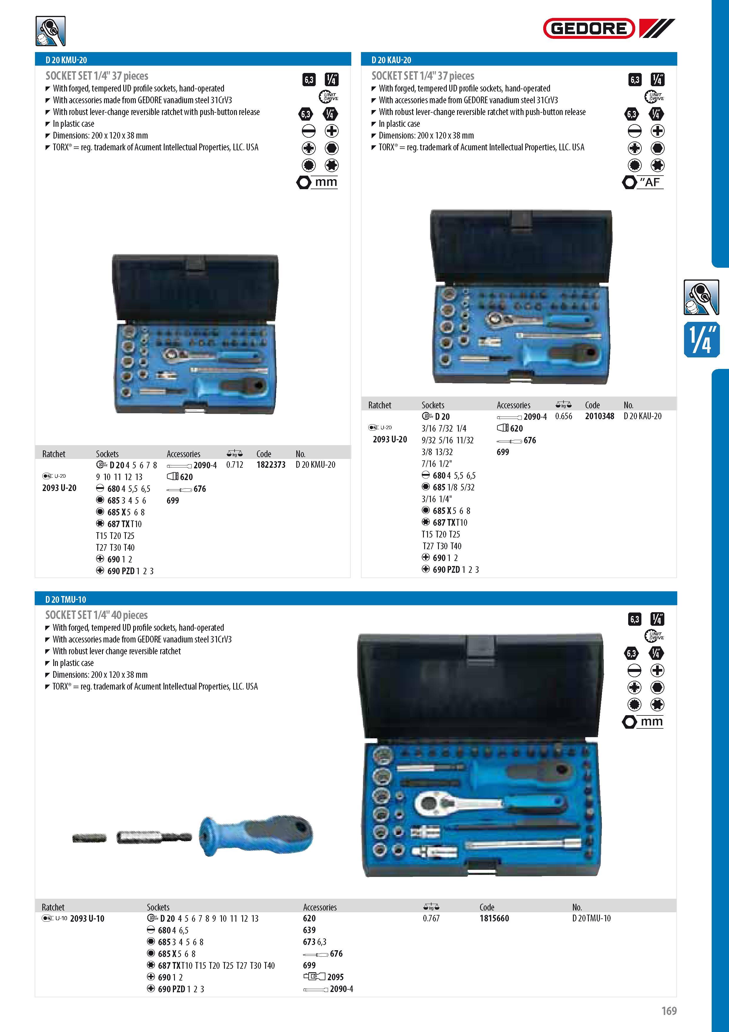 171 D 20 KMU-20 SOCKET SET 1 4 37 pieces With forged tempered UD profile sockets hand-operated With accessories made from GEDORE vanadium steel 31CrV3 With rob Каталог GEDORE 2014 Профессиональный слесарный инструмент и оборудование для мастерских и машиностроительных производств Стр. 169 ENG