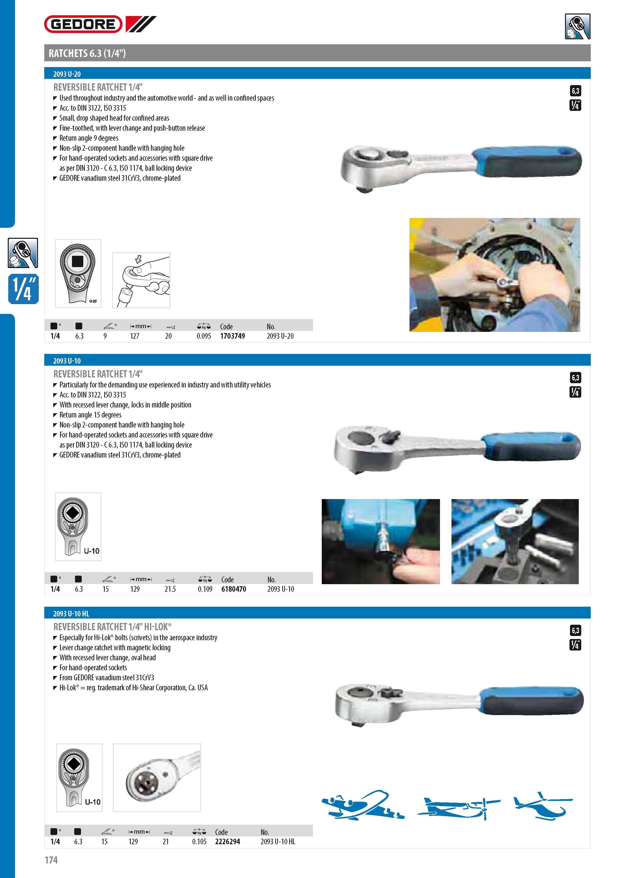 176 GEDORE RATCHETS 6 3 (1 4 ) REVERSIBLE RATCHET 1 4 Used throughout industry and the automotive world - and as well in confined spaces Acc to DIN 3122 ISO 33 Каталог GEDORE 2014 Профессиональный слесарный инструмент и оборудование для мастерских и машиностроительных производств Стр. 174 ENG