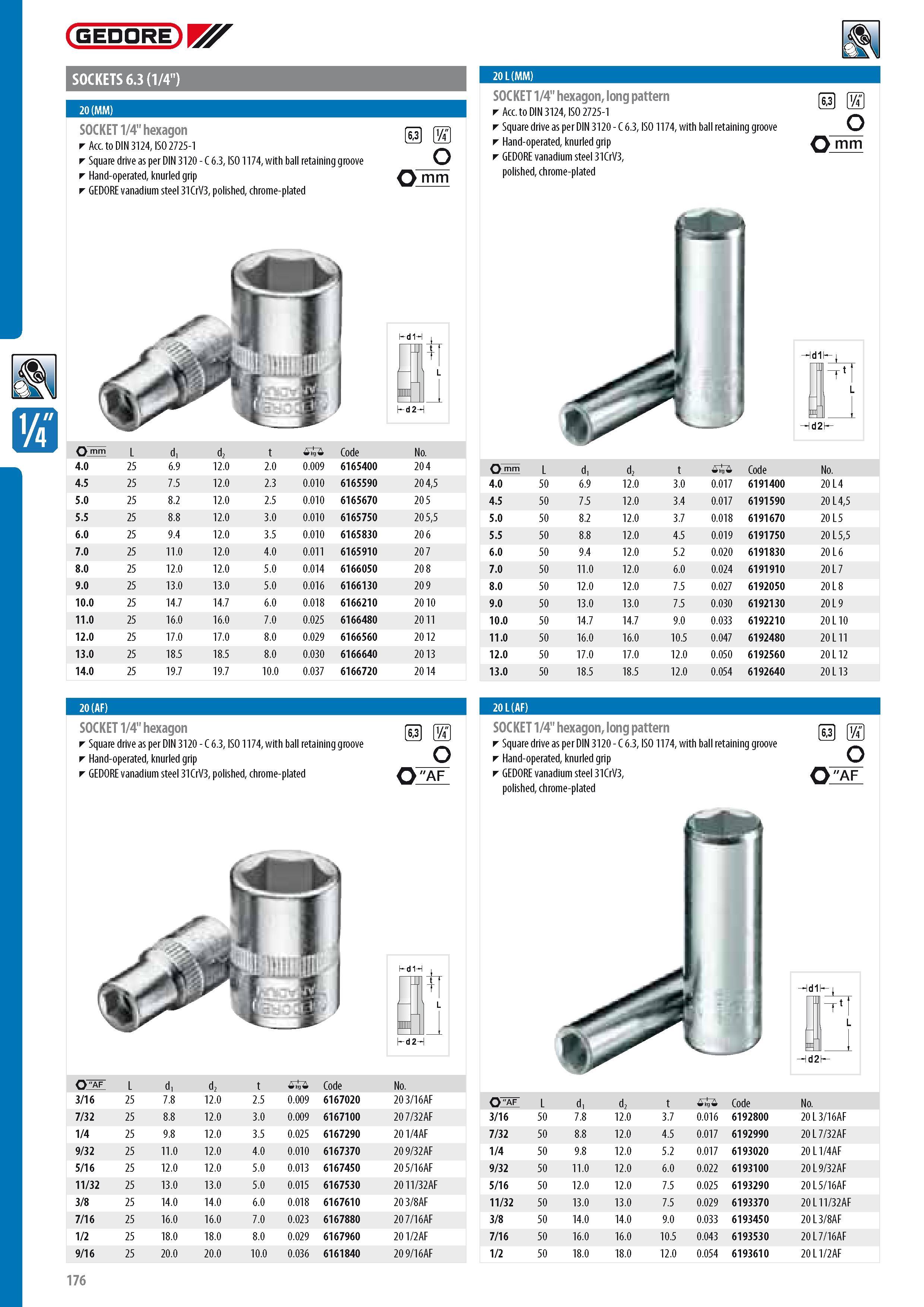 178 GEDORE SOCKETS 6 3 (1 4 ) 20 (MM) SOCKET 1 4 hexagon Acc to DIN 3124 ISO 2725-1 Square drive as per DIN 3120 - C 6 3 ISO 1174 with ball retaining groove Ha Каталог GEDORE 2014 Профессиональный слесарный инструмент и оборудование для мастерских и машиностроительных производств Стр. 176 ENG