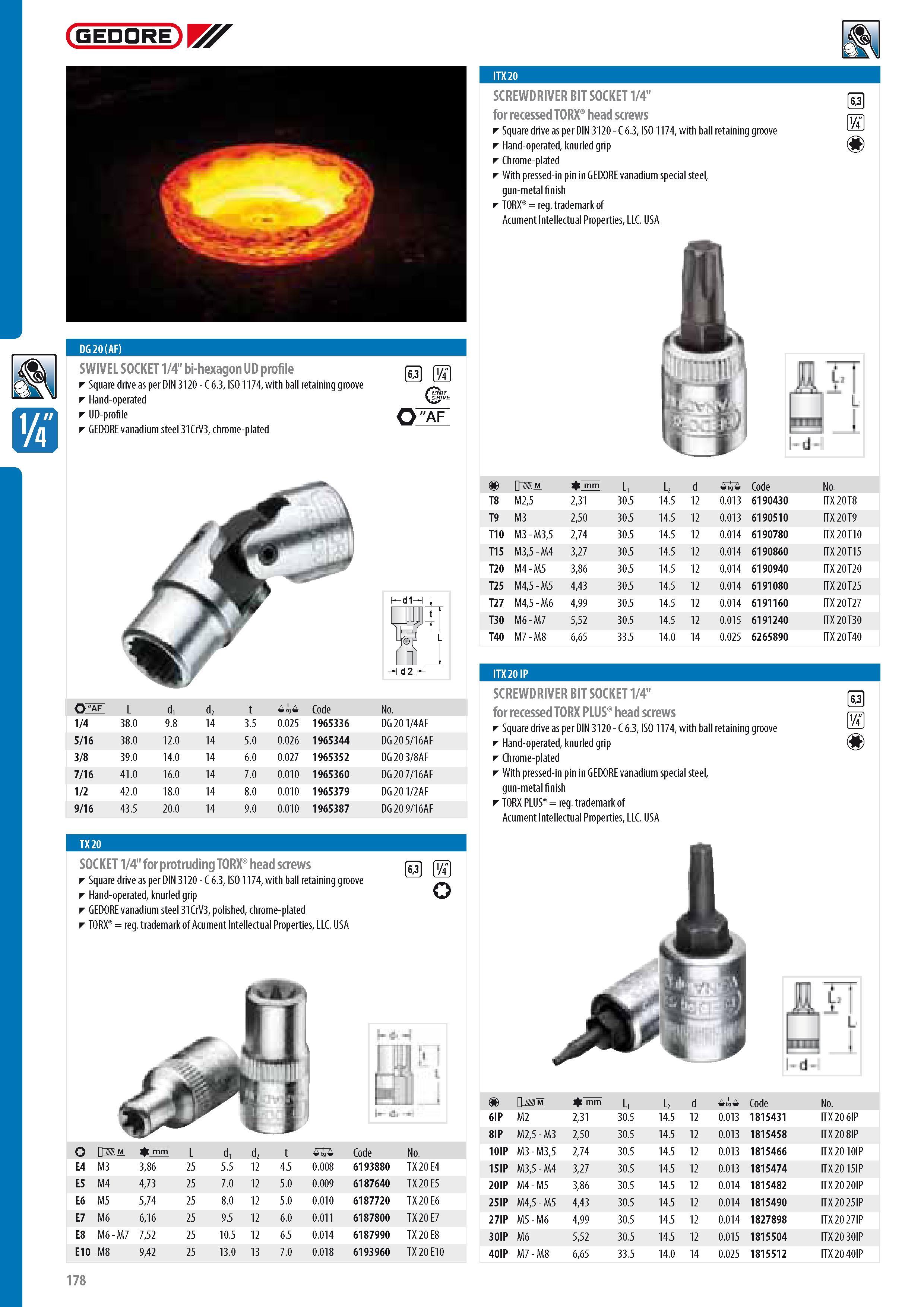 180 GEDORE DG 20 (AF) SWIVEL SOCKET 1 4 bi-hexagon UD profile Square drive as per DIN 3120 - C 6 3 ISO 1174 with ball retaining groove Hand-operated UD-profile Каталог GEDORE 2014 Профессиональный слесарный инструмент и оборудование для мастерских и машиностроительных производств Стр. 178 ENG