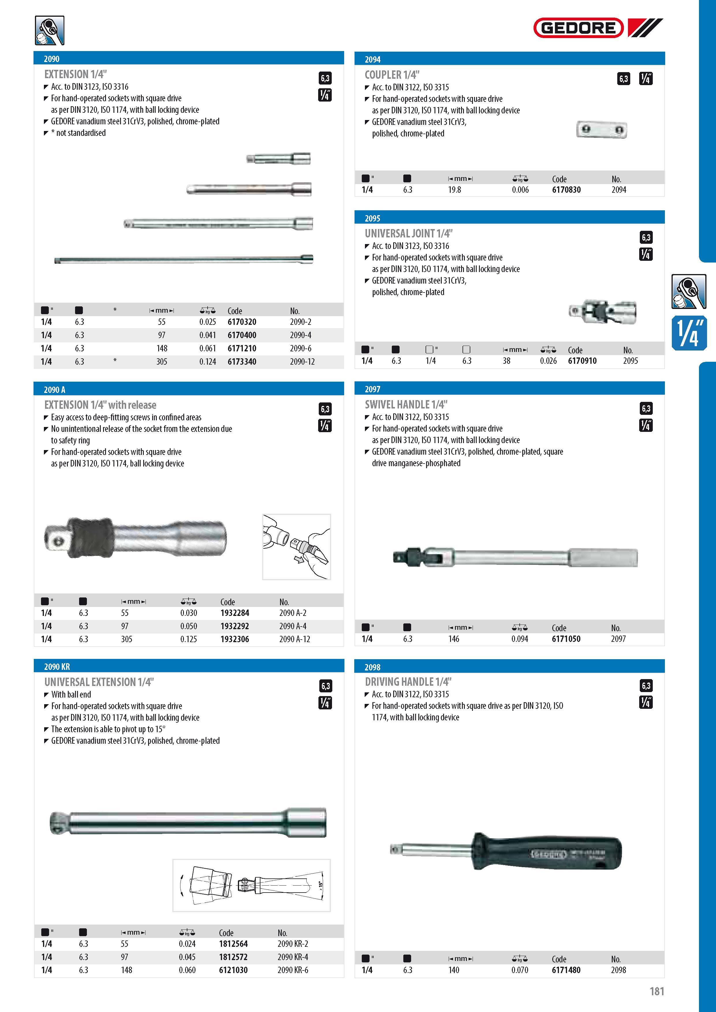 183 GEDORE EXTENSION 1 4 Acc to DIN 3123 ISO 3316 For hand-operated sockets with square drive as per DIN 3120 ISO 1174 with ball locking device GEDORE vanadium Каталог GEDORE 2014 Профессиональный слесарный инструмент и оборудование для мастерских и машиностроительных производств Стр. 181 ENG