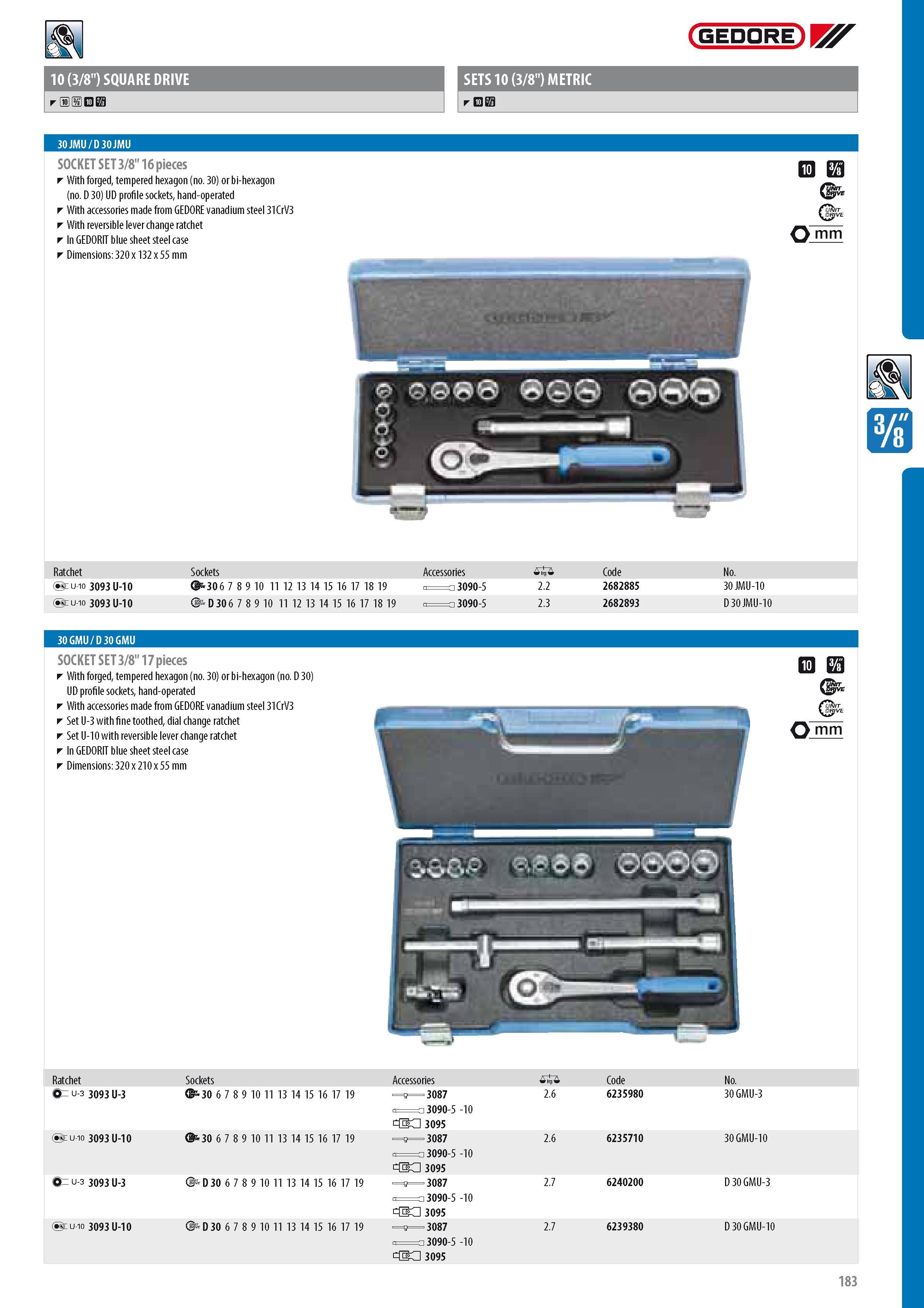 185 10 (3 8 ) SQUARE DRIVE SETS 10 (3 8 ) METRIC GEDORE 30 JMU D 30 JMU SOCKET SET 3 8 16 pieces With forged tempered hexagon (no 30) or bi-hexagon (no D 30) U Каталог GEDORE 2014 Профессиональный слесарный инструмент и оборудование для мастерских и машиностроительных производств Стр. 183 ENG