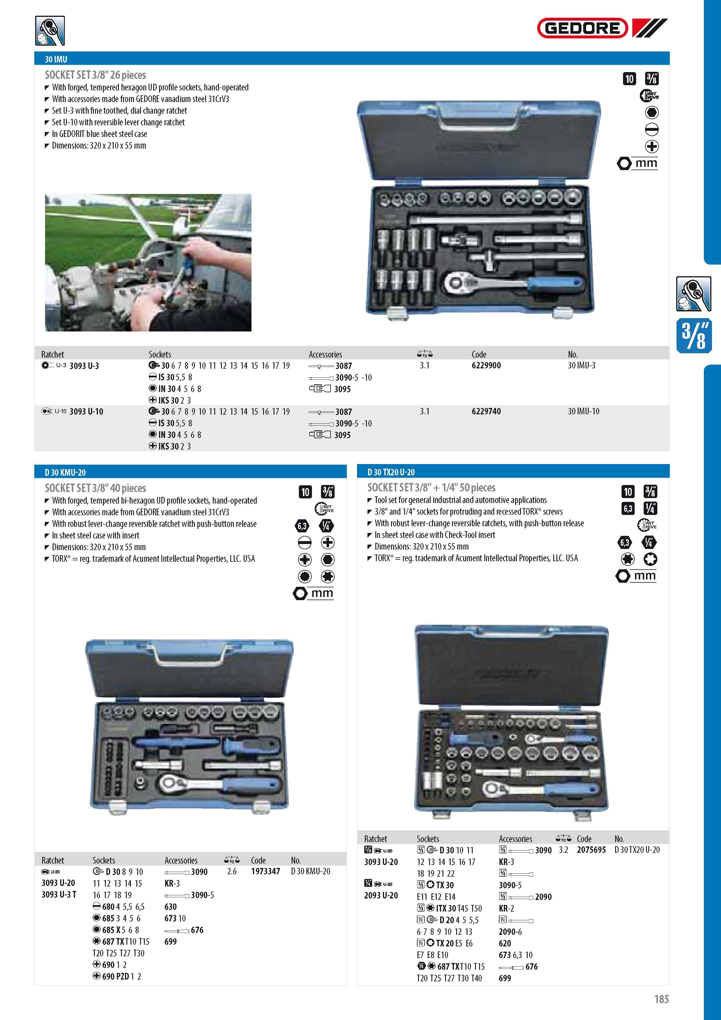 187 GEDORE SOCKET SET 3 8 26 pieces With forged tempered hexagon UD profile sockets hand-operated With accessories made from GEDORE vanadium steel 31CrV3 Set U Каталог GEDORE 2014 Профессиональный слесарный инструмент и оборудование для мастерских и машиностроительных производств Стр. 185 ENG