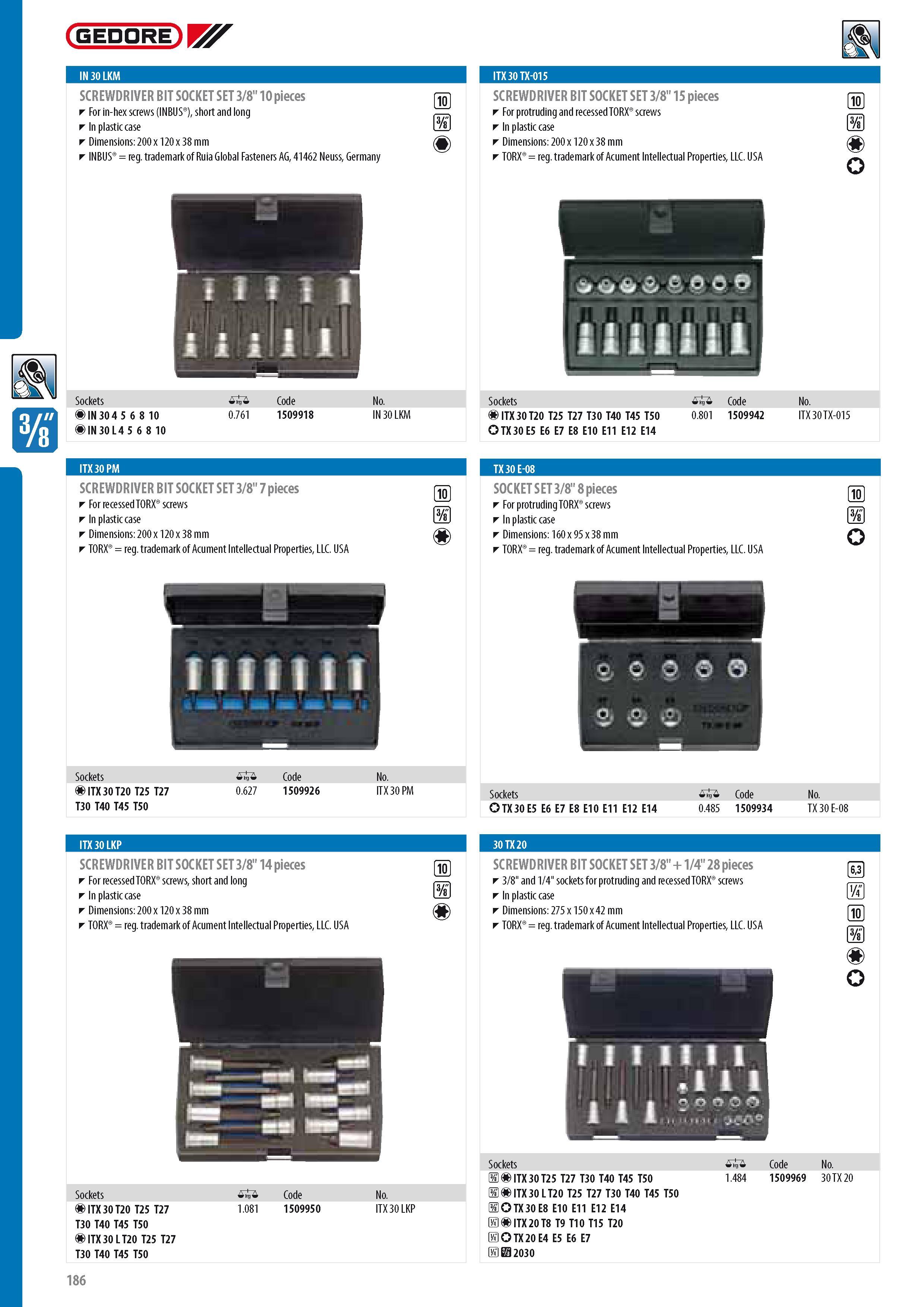 188 GEDORE SCREWDRIVER BIT SOCKET SET 3 8 10 pieces For in-hex screws (INBUS ) short and long In plastic case Dimensions 200 x 120 x 38 mm INBUS reg trademark Каталог GEDORE 2014 Профессиональный слесарный инструмент и оборудование для мастерских и машиностроительных производств Стр. 186 ENG
