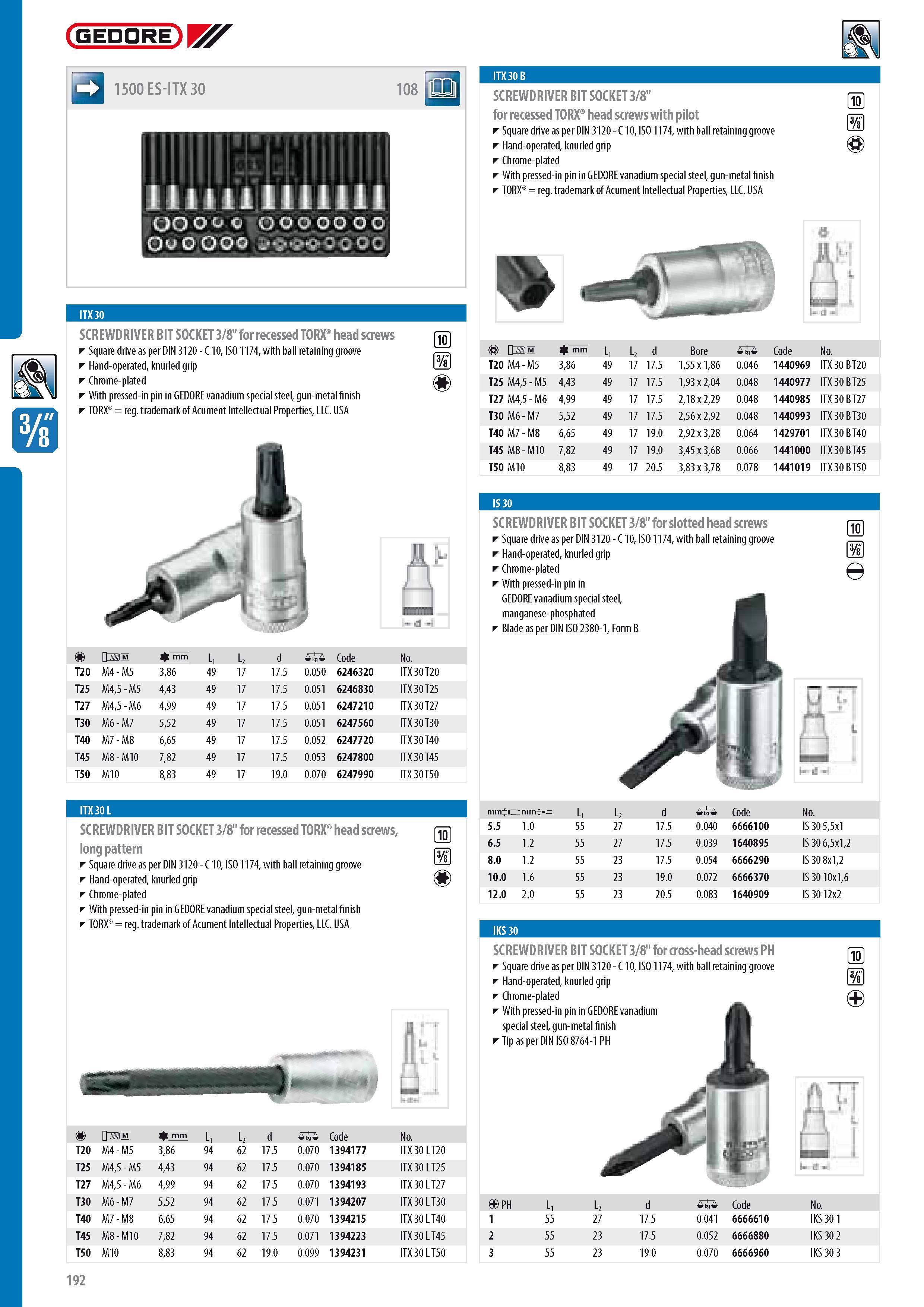 194 GEDORE J 1500 ES-ITX 30 108 r SCREWDRIVER BIT SOCKET 3 8 for recessed TORX head screws Square drive as per DIN 3120 - C 10 ISO 1174 with ball retaining gro Каталог GEDORE 2014 Профессиональный слесарный инструмент и оборудование для мастерских и машиностроительных производств Стр. 192 ENG