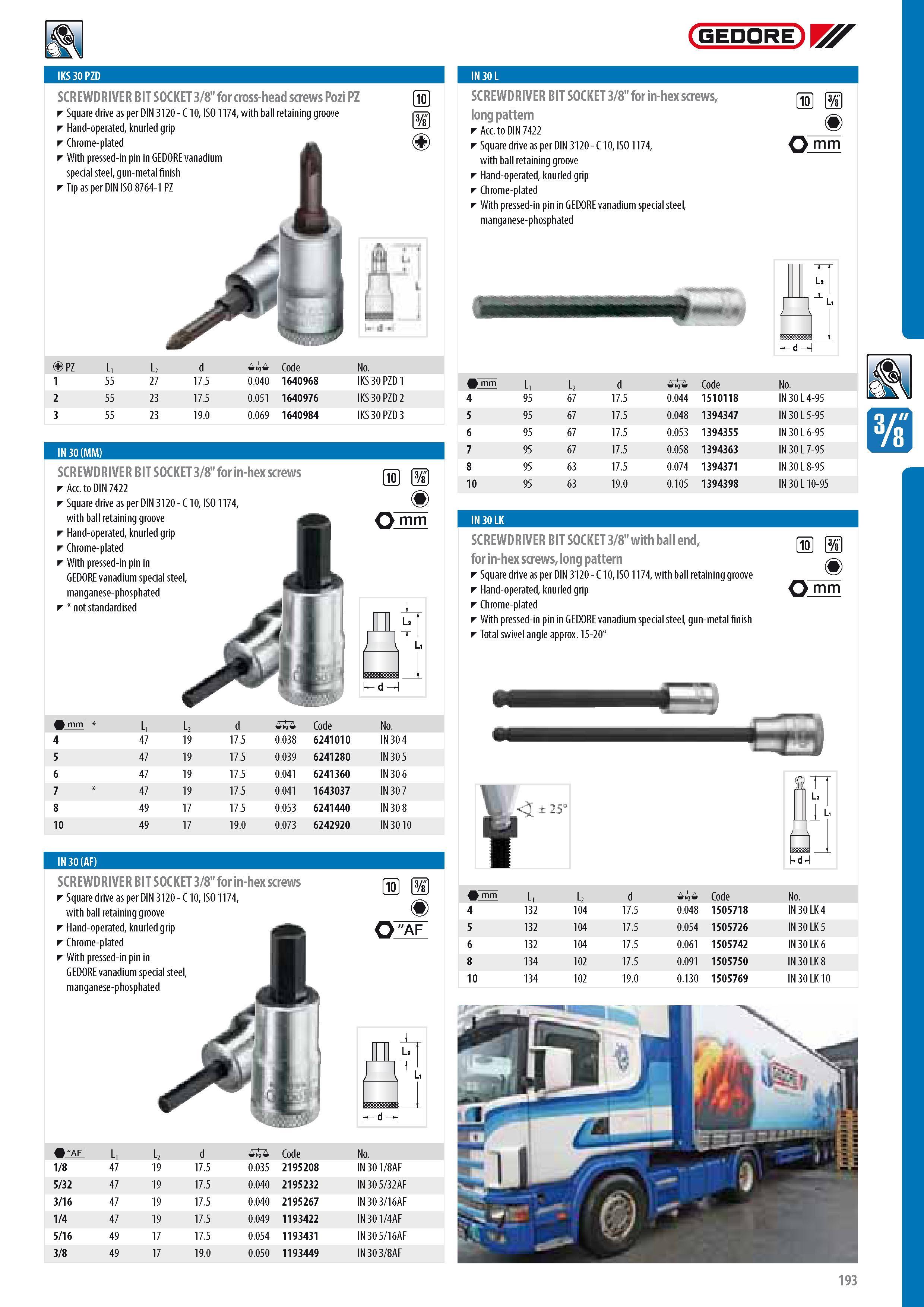 195 GEDORE IKS 30 PZD SCREWDRIVER BIT SOCKET 3 8 for cross-head screws Pozi PZ Square drive as per DIN 3120 - C 10 ISO 1174 with ball retaining groove Hand-ope Каталог GEDORE 2014 Профессиональный слесарный инструмент и оборудование для мастерских и машиностроительных производств Стр. 193 ENG