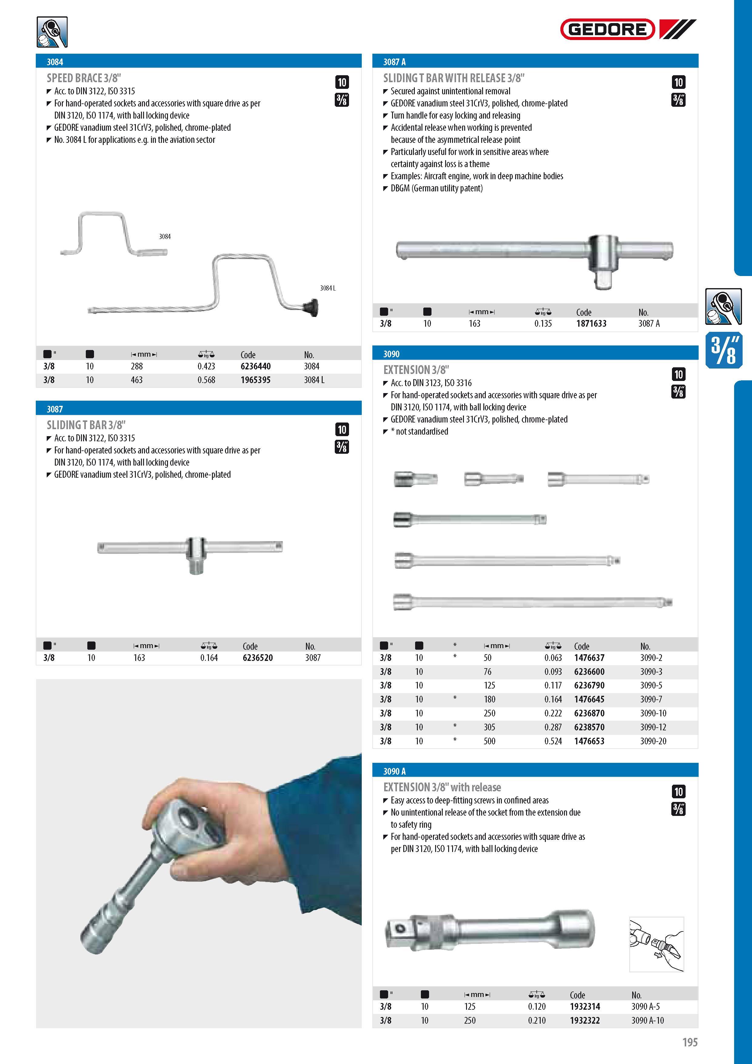 197 GEDORE SPEED BRACE 3 8 Acc to DIN 3122 ISO 3315 For hand-operated sockets and accessories with square drive as per DIN 3120 ISO 1174 with ball locking devi Каталог GEDORE 2014 Профессиональный слесарный инструмент и оборудование для мастерских и машиностроительных производств Стр. 195 ENG