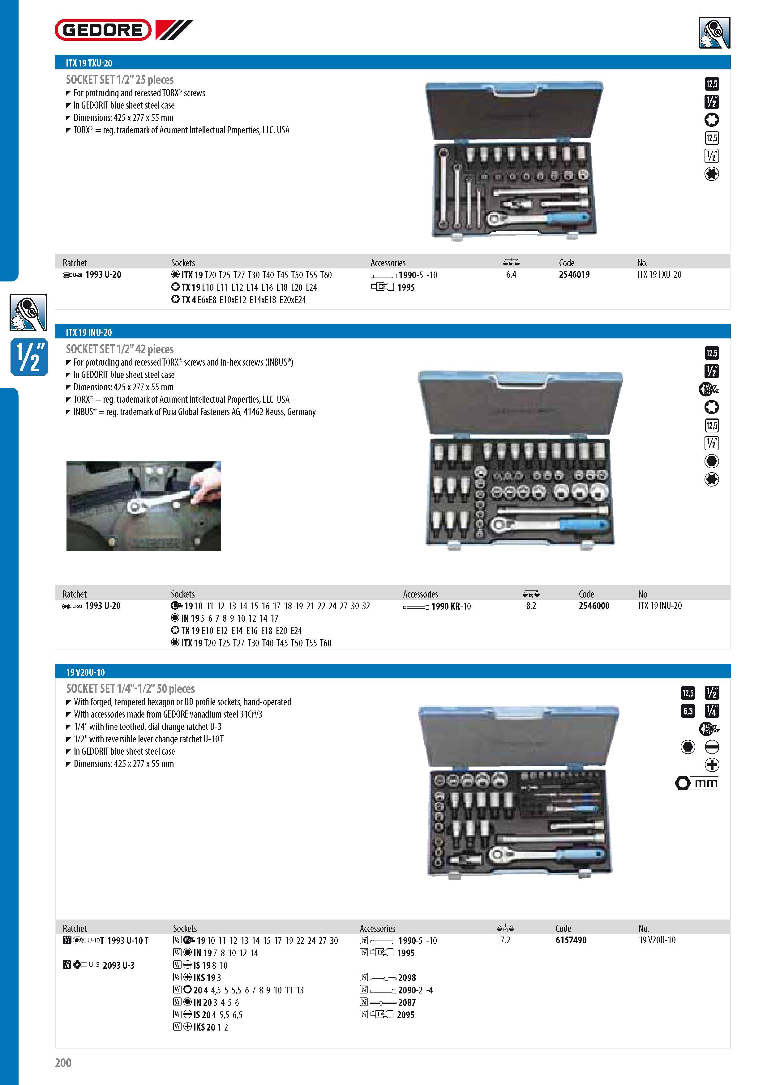 202 GEDORE ITX 19 TXU-20 SOCKET SET 1 2 25 pieces For protruding and recessed TORX screws In GEDORIT blue sheet steel case Dimensions 425 x 277 x 55 mm TORX re Каталог GEDORE 2014 Профессиональный слесарный инструмент и оборудование для мастерских и машиностроительных производств Стр. 200 ENG