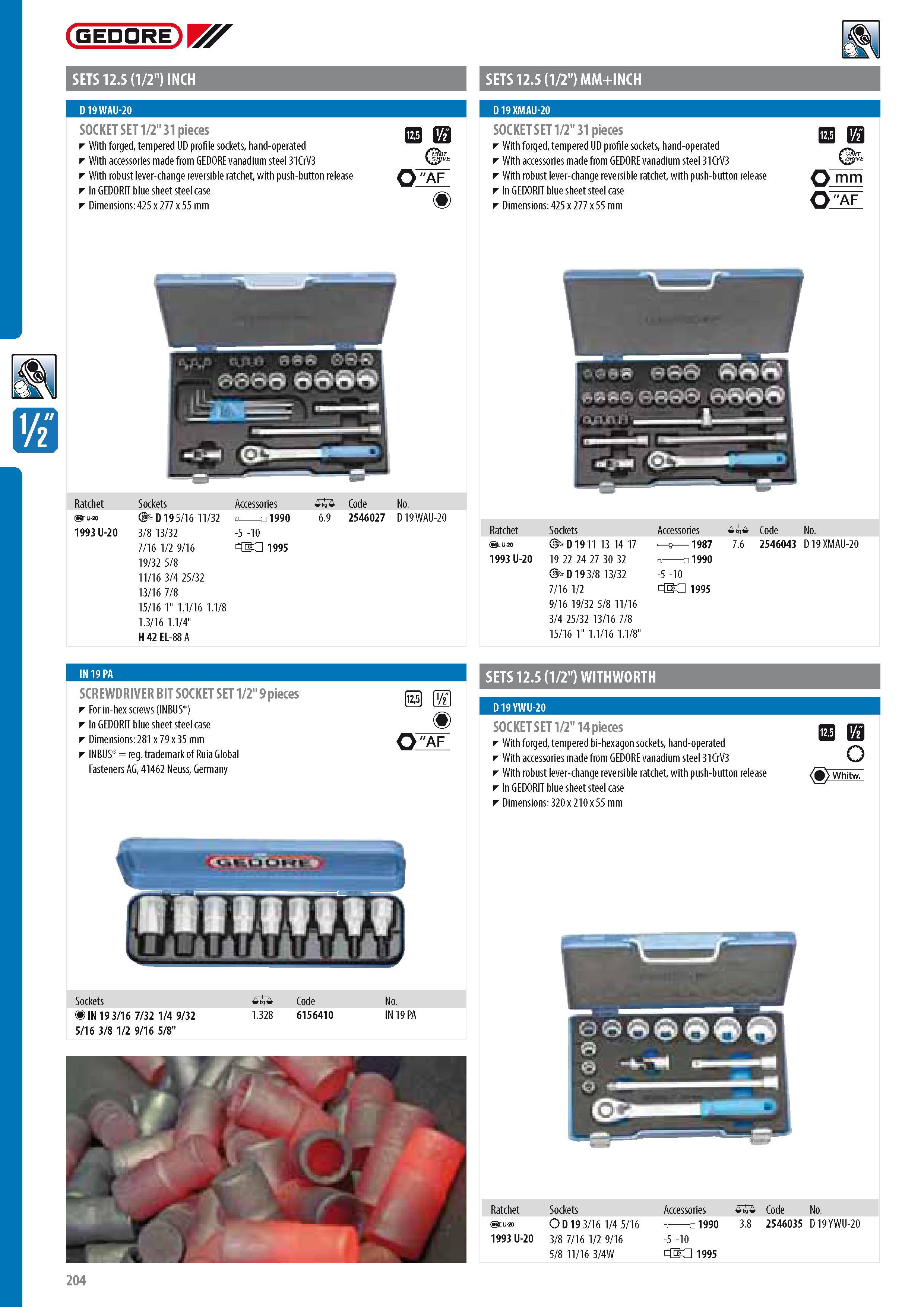 206 GEDORE SETS 12 5 (1 2 ) INCH 1 SETS 12 5 (1 2 ) MM+INCH D 19 WAU-20 D 19 XMAU-20 SOCKET SET 1 2 31 pieces With forged tempered UD profile sockets hand-oper Каталог GEDORE 2014 Профессиональный слесарный инструмент и оборудование для мастерских и машиностроительных производств Стр. 204 ENG