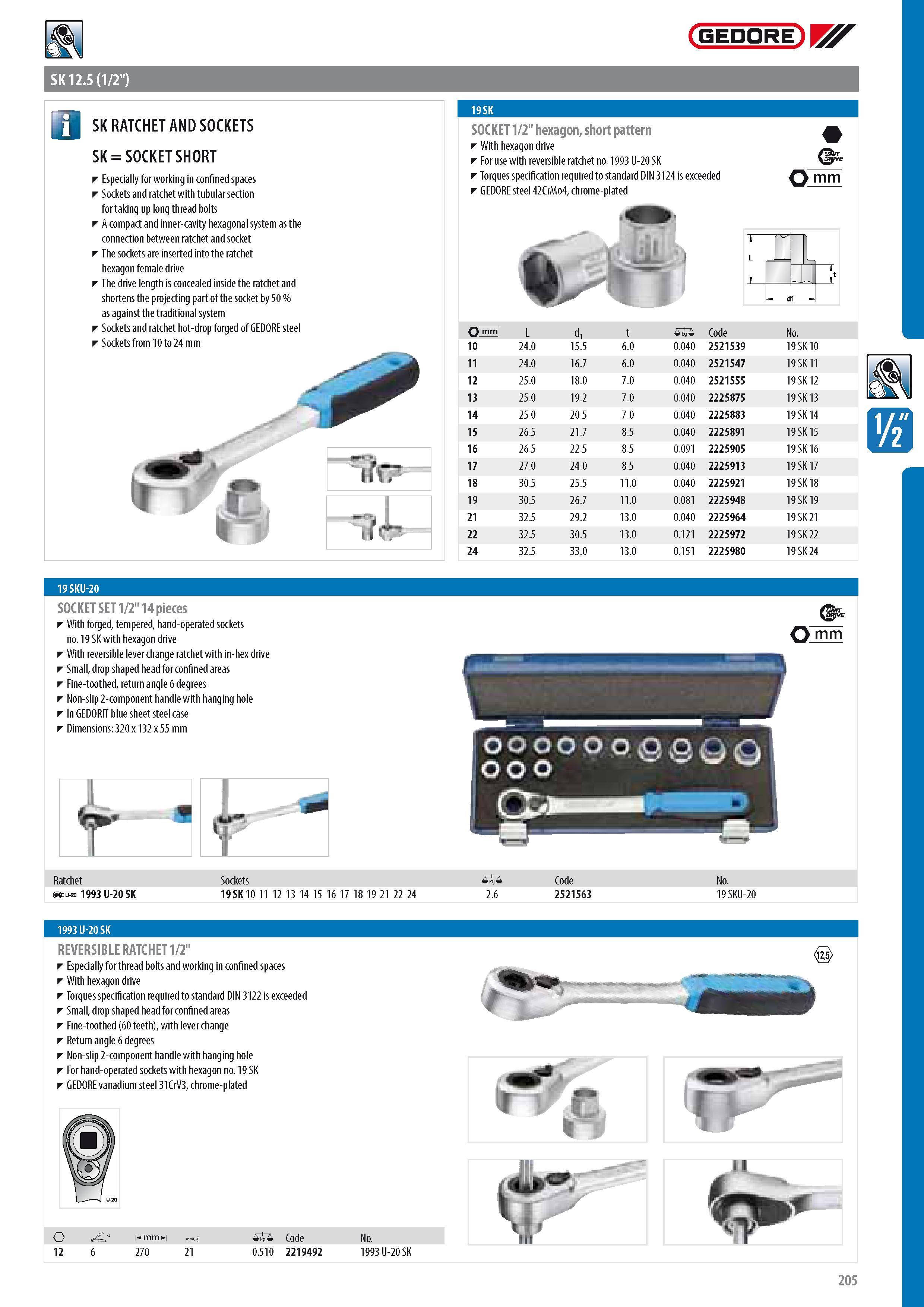 207 SK RATCHET AND SOCKETS SK SOCKET SHORT Especially for working in confined spaces Sockets and ratchet with tubular section for taking up long thread bolts A Каталог GEDORE 2014 Профессиональный слесарный инструмент и оборудование для мастерских и машиностроительных производств Стр. 205 ENG