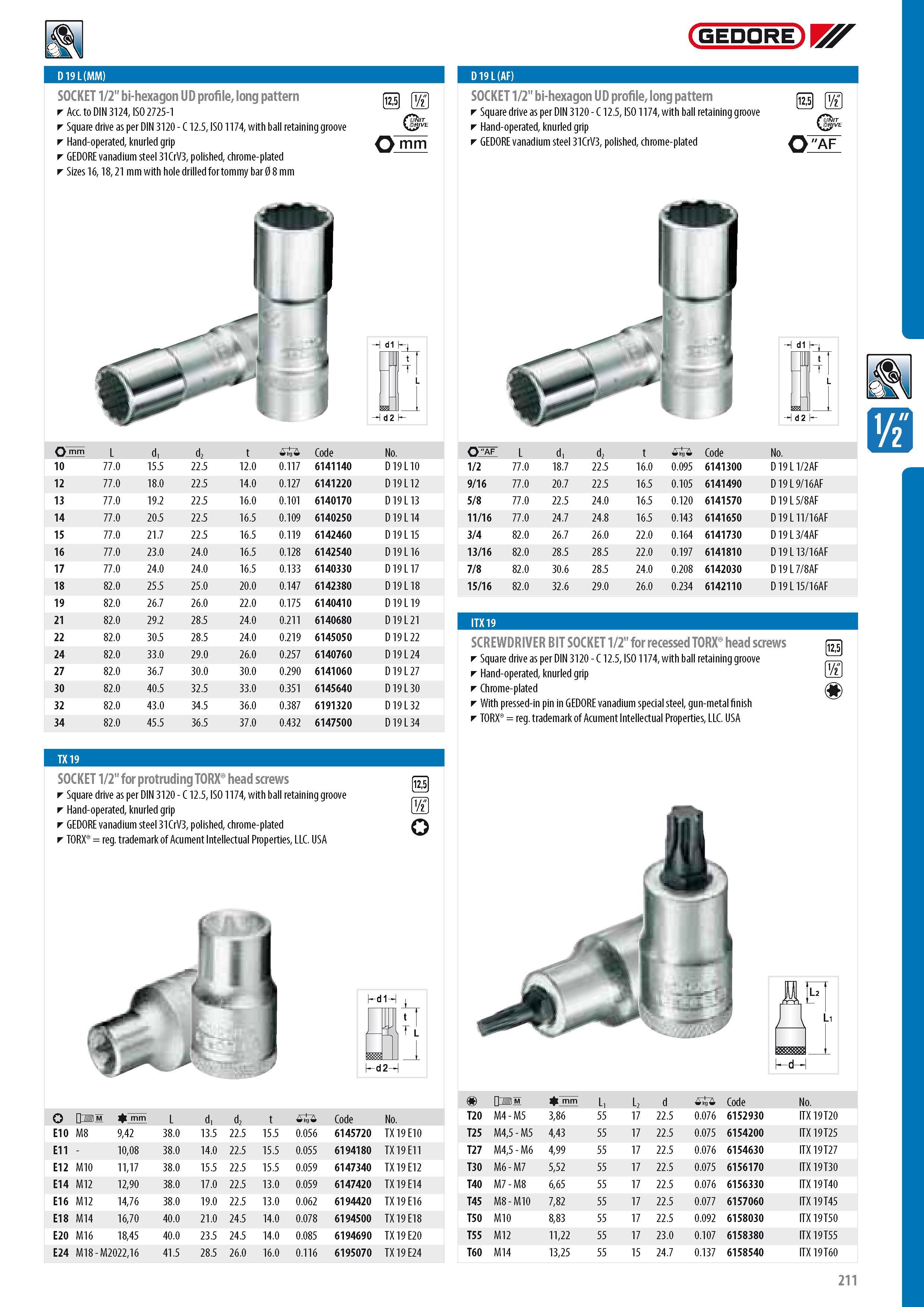 213 GEDORE 19 L (MM) SOCKET 1 2 bi-hexagon UD profile long pattern Acc to DIN 3124 ISO 2725-1 Square drive as per DIN 3120 - C 12 5 ISO 1174 with ball retainin Каталог GEDORE 2014 Профессиональный слесарный инструмент и оборудование для мастерских и машиностроительных производств Стр. 211 ENG
