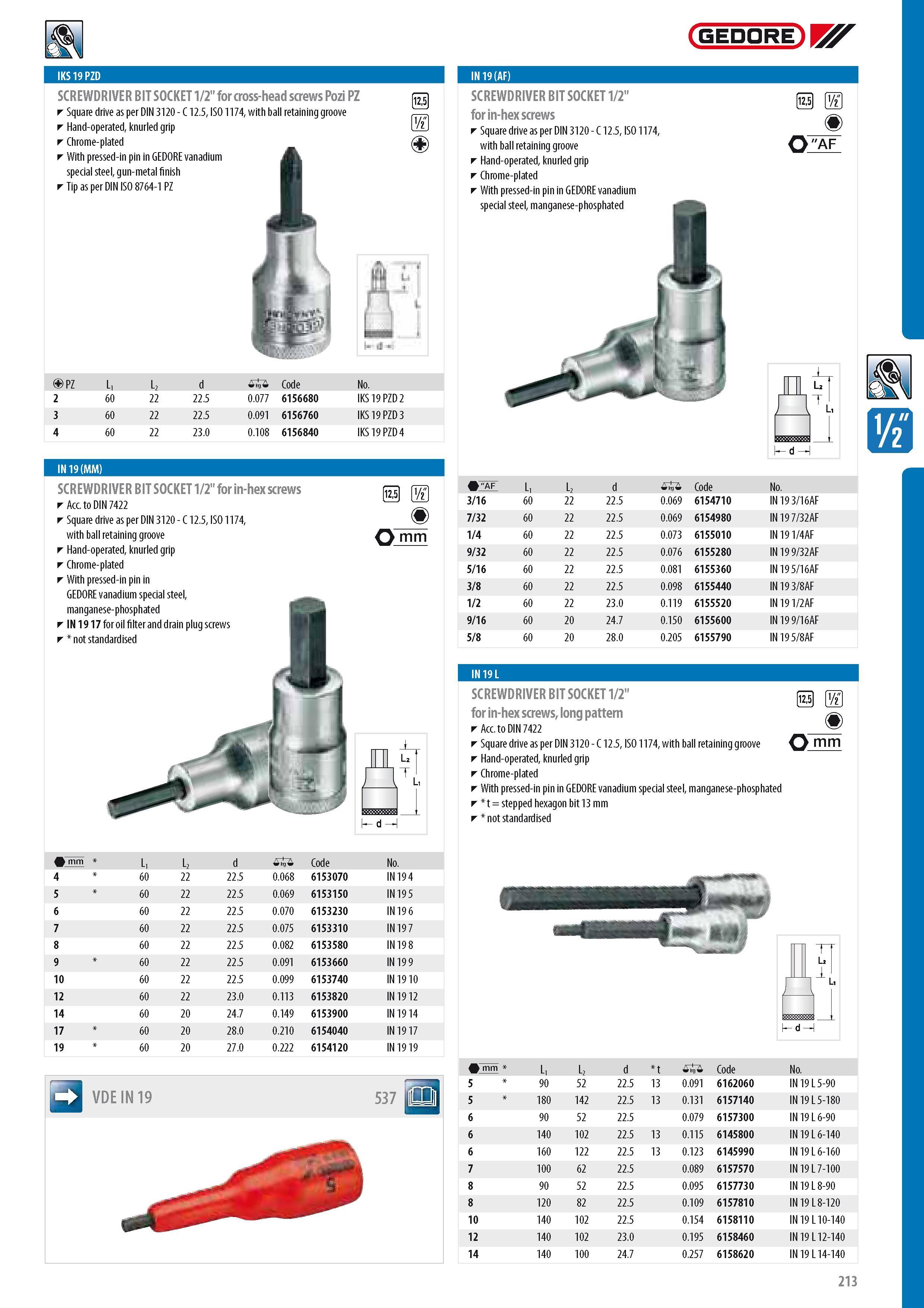 215 GEDORE IKS 19PZD SCREWDRIVER BIT SOCKET 1 2 for cross-head screws Pozi PZ Square drive as per DIN 3120 - C 12 5 ISO 1174 with ball retaining groove Hand-op Каталог GEDORE 2014 Профессиональный слесарный инструмент и оборудование для мастерских и машиностроительных производств Стр. 213 ENG