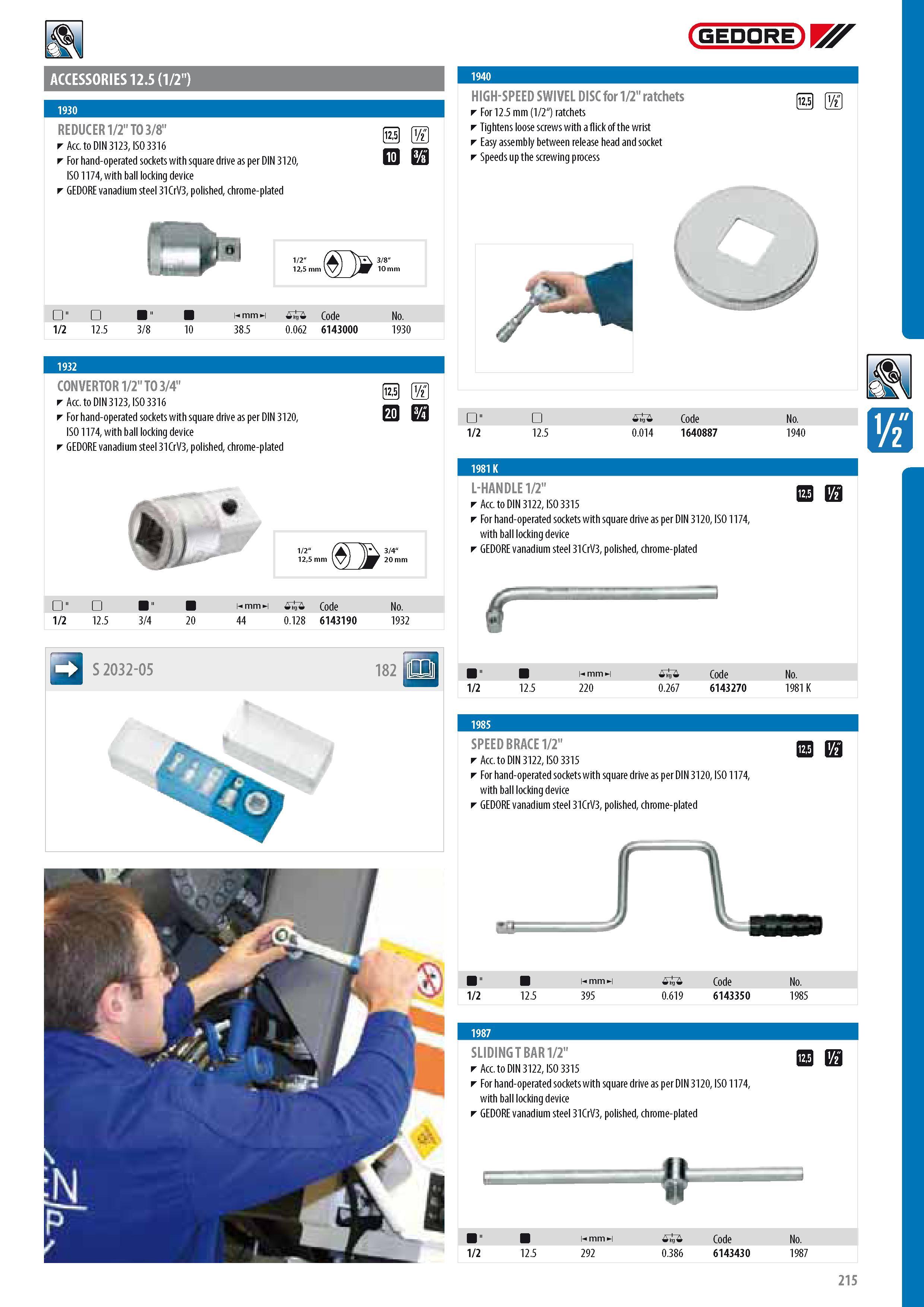 217 ACCESSORIES 12 5 (1 2 ) REDUCER 1 2 TO 3 8 Acc to DIN 3123 ISO 3316 For hand-operated sockets with square drive as per DIN 3120 ISO 1174 with ball locking Каталог GEDORE 2014 Профессиональный слесарный инструмент и оборудование для мастерских и машиностроительных производств Стр. 215 ENG