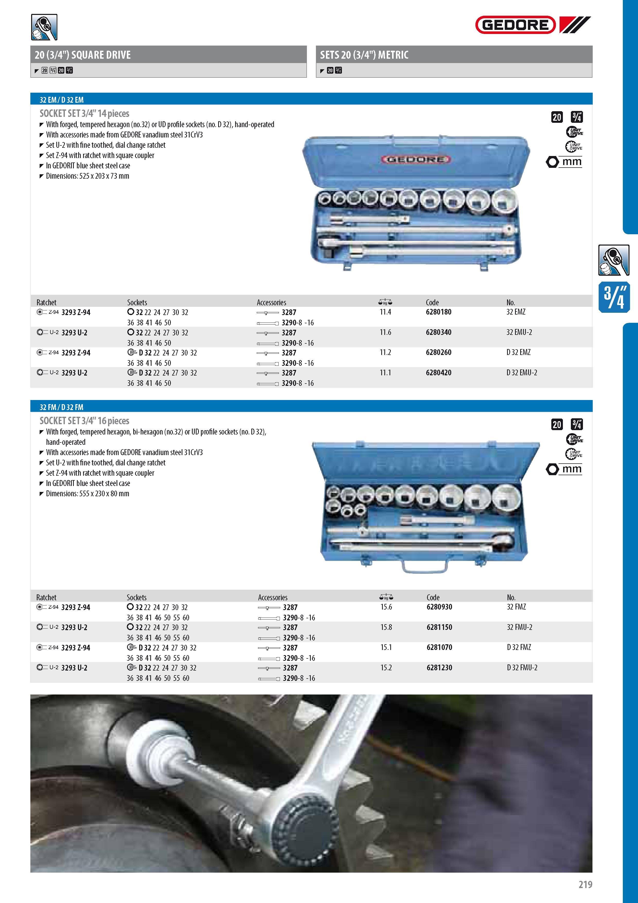 221 GEDORE SETS 20 (3 4 ) METRIC p e 32 EM D 32 EM SOCKET SET 3 4 14 pieces With forged tempered hexagon (no 32) or UD profile sockets (no D 32) hand-operated Каталог GEDORE 2014 Профессиональный слесарный инструмент и оборудование для мастерских и машиностроительных производств Стр. 219 ENG