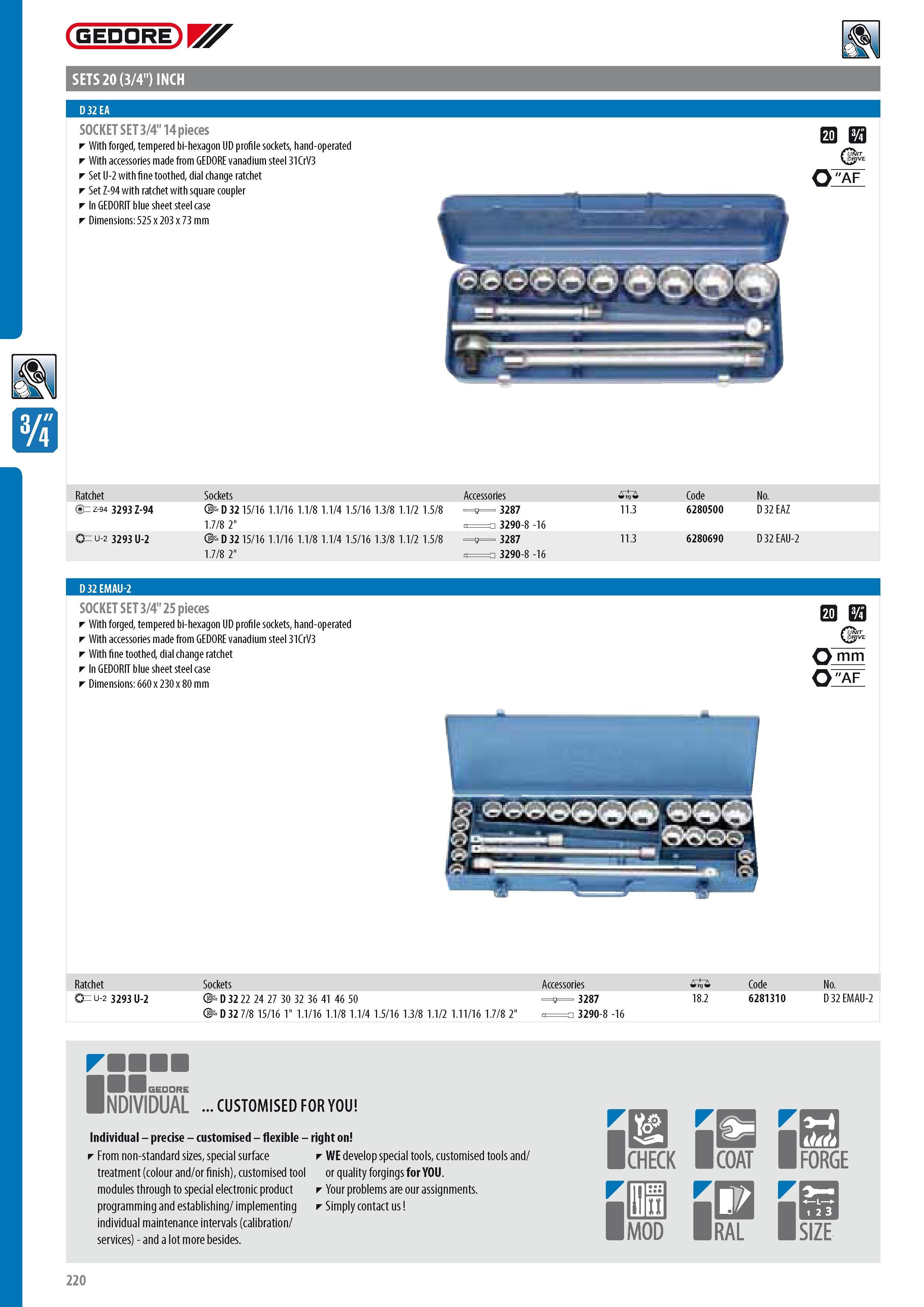 222 GEDORE SETS 20 (3 4 ) INCH D 32 EA SOCKET SET 3 4 14 pieces With forged tempered bi-hexagon UD profile sockets hand-operated With accessories made from GED Каталог GEDORE 2014 Профессиональный слесарный инструмент и оборудование для мастерских и машиностроительных производств Стр. 220 ENG