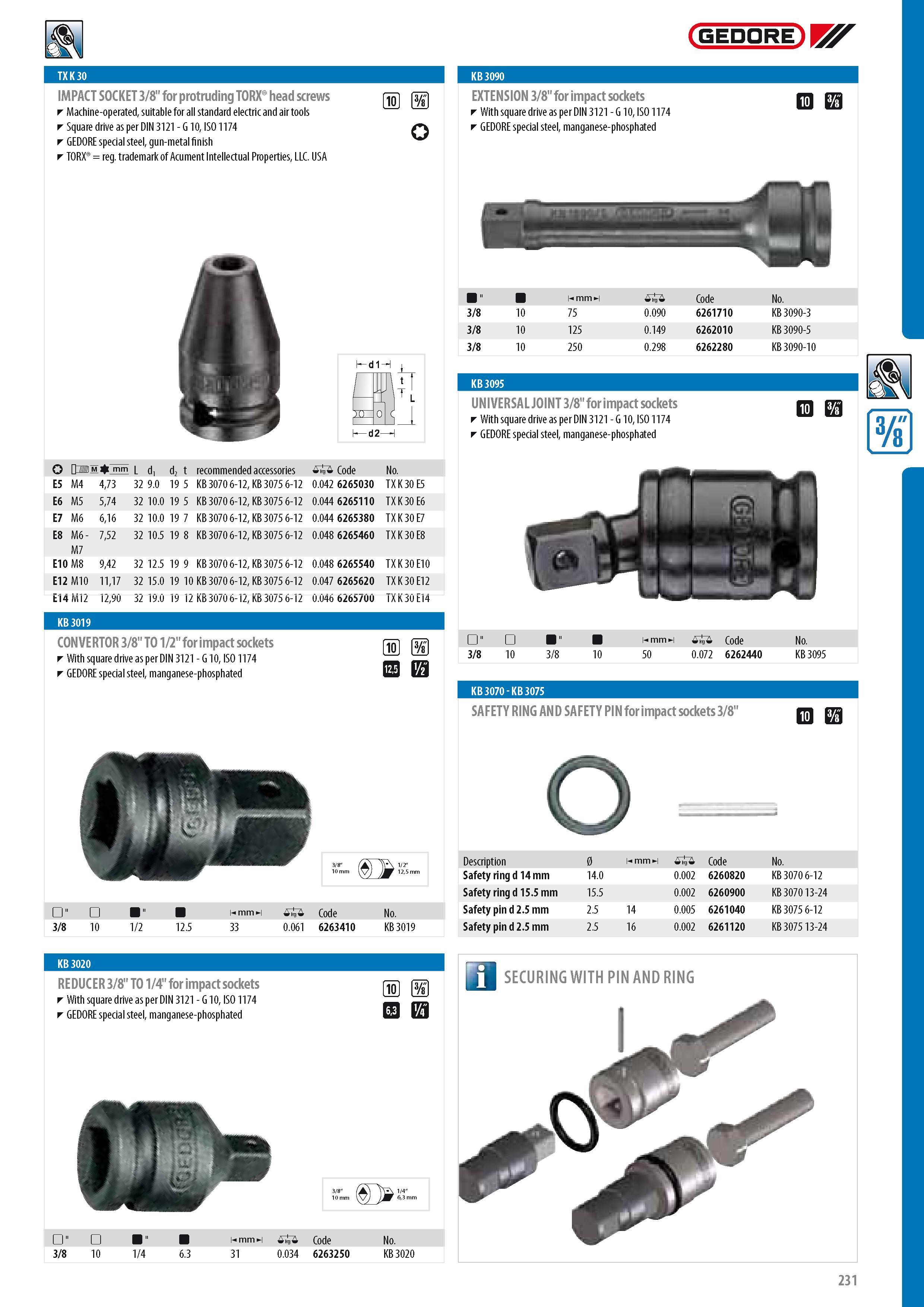 233 GEDORE IMPACT SOCKET 3 8 for protruding TORX head screws Machine-operated suitable for all standard electric and air tools Square drive as per DIN 3121 - G Каталог GEDORE 2014 Профессиональный слесарный инструмент и оборудование для мастерских и машиностроительных производств Стр. 231 ENG