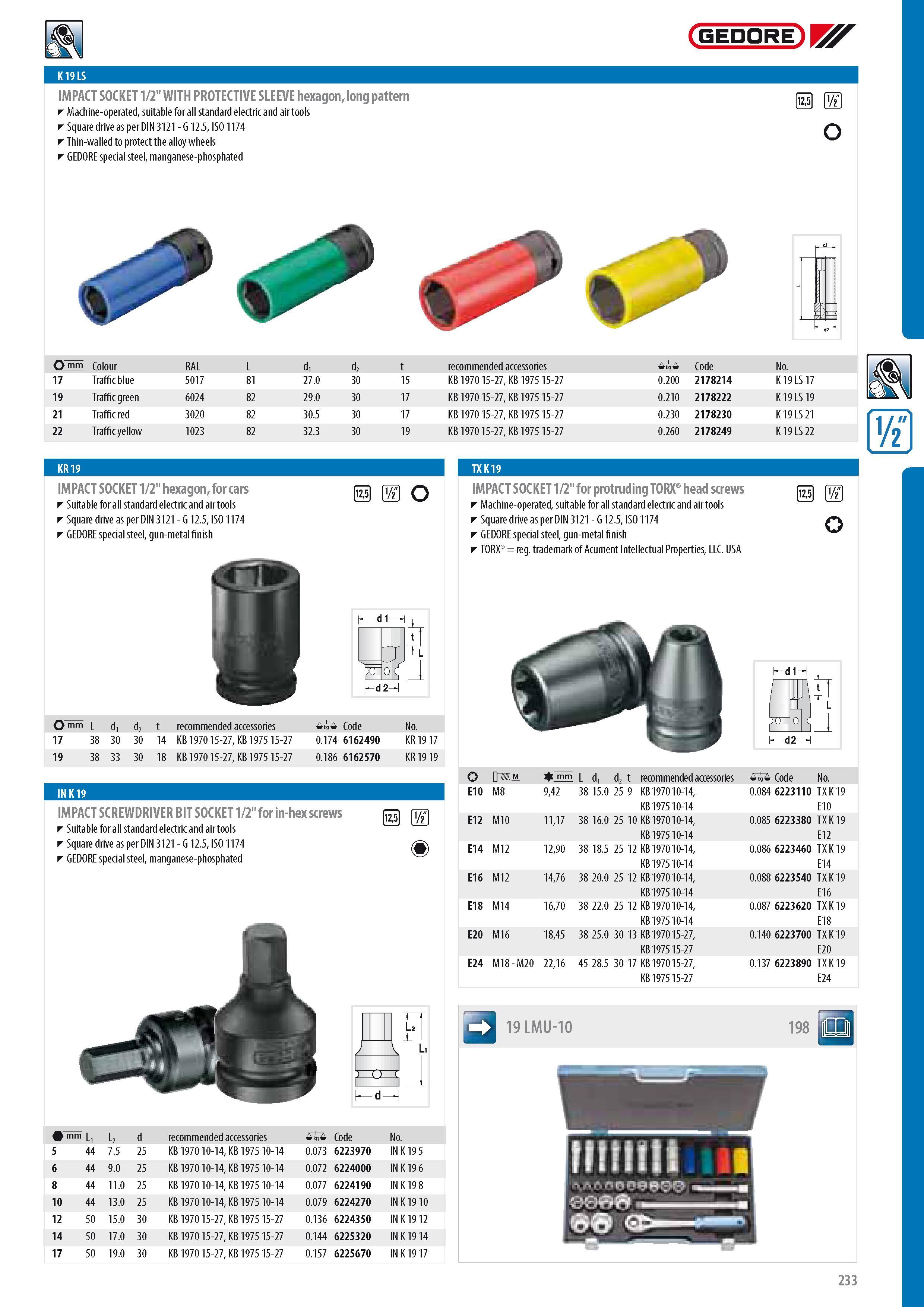 235 GEDORE IMPACT SOCKET 1 2 WITH PROTECTIVE SLEEVE hexagon long pattern Machine-operated suitable for all standard electric and air tools Square drive as per Каталог GEDORE 2014 Профессиональный слесарный инструмент и оборудование для мастерских и машиностроительных производств Стр. 233 ENG