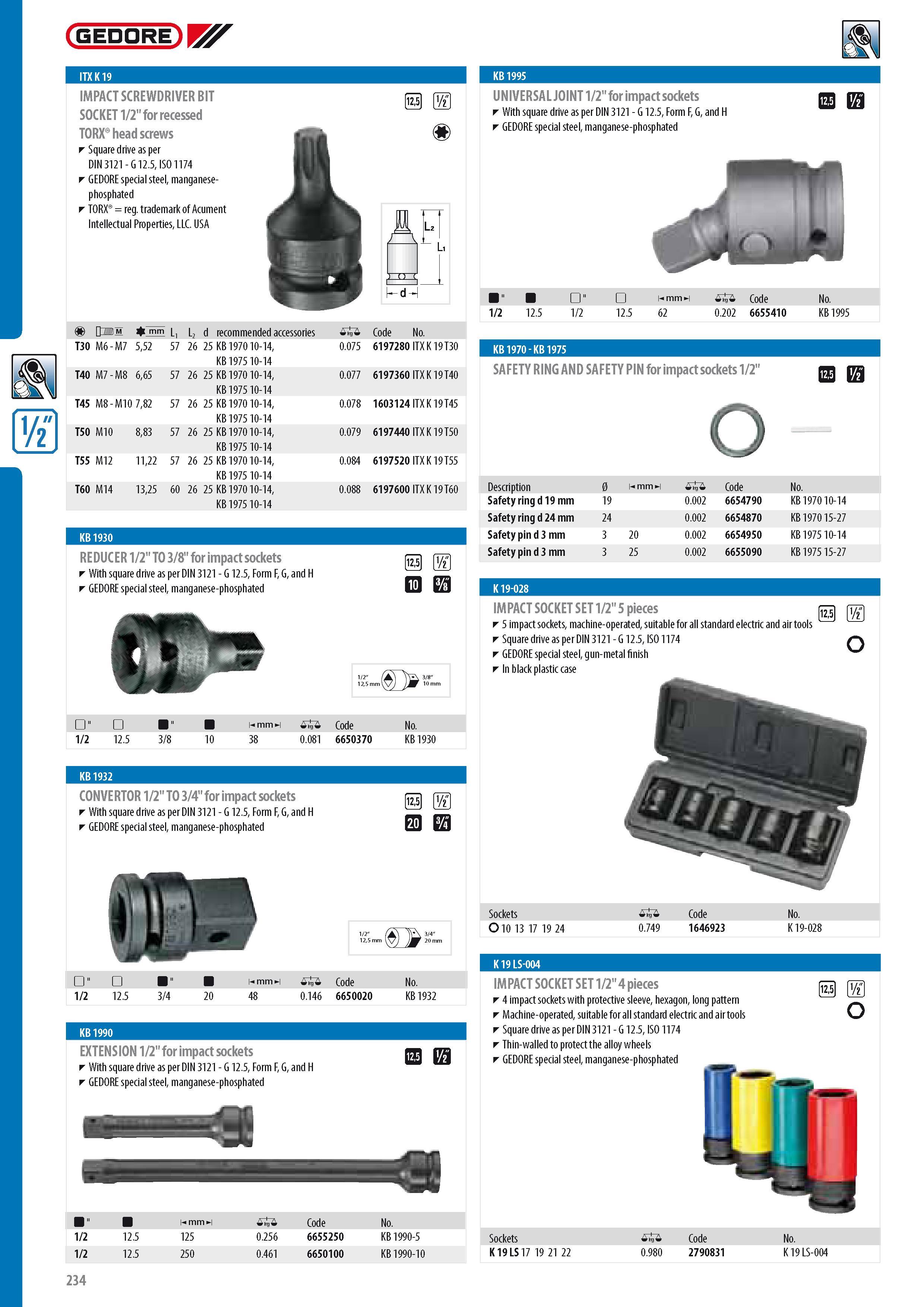 236 GEDORE IMPACT SCREWDRIVER BIT SOCKET 1 2 for recessed TORX head screws Square drive as per DIN 3121 - G 12 5 ISO 1174 GEDORE special steel manganese-phosph Каталог GEDORE 2014 Профессиональный слесарный инструмент и оборудование для мастерских и машиностроительных производств Стр. 234 ENG