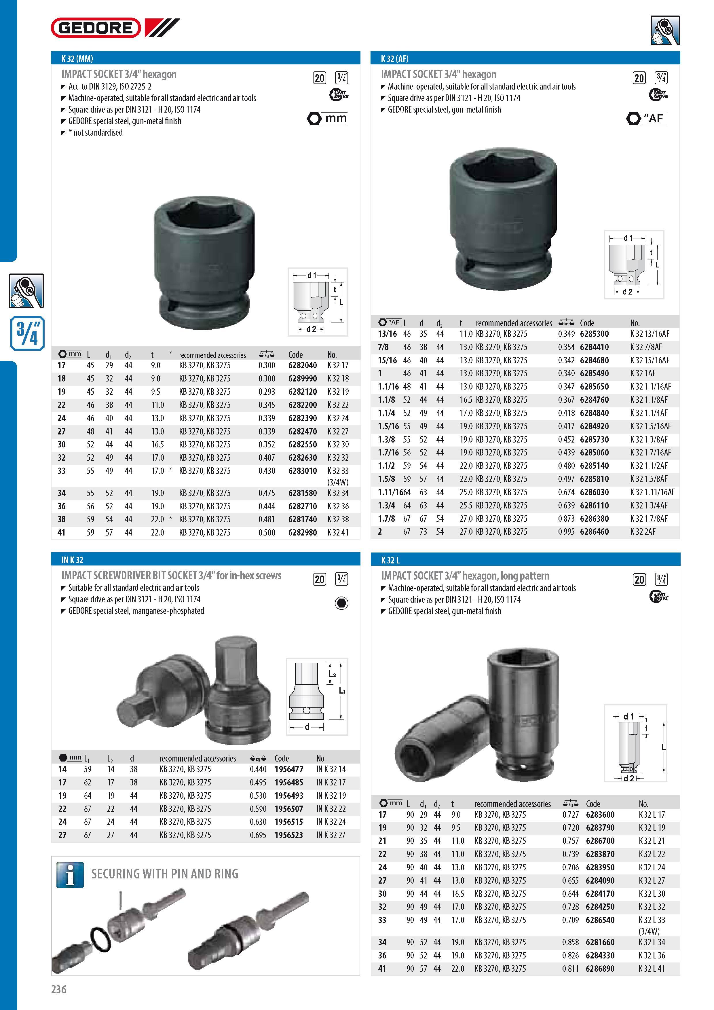 238 GEDORE U K 32 (MM) IMPACT SOCKET 3 4 hexagon Acc to DIN 3129 ISO 2725-2 Machine-operated suitable for all standard electric and air tools Square drive as p Каталог GEDORE 2014 Профессиональный слесарный инструмент и оборудование для мастерских и машиностроительных производств Стр. 236 ENG