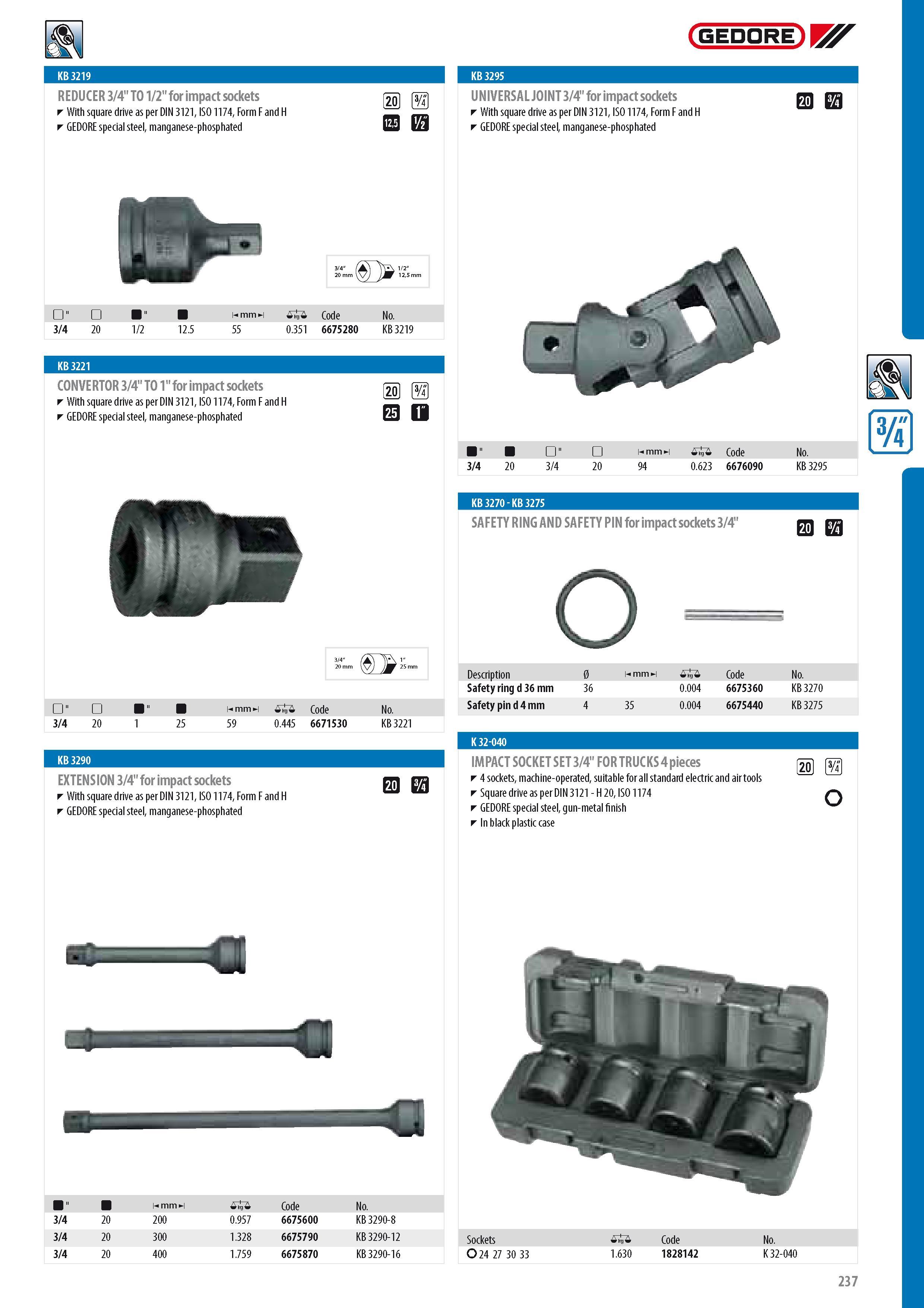 239 REDUCER 3 4 TO 1 2 for impact sockets With square drive as per DIN 3121 ISO 1174 Form F and H GEDORE special steel manganese-phosphated P U o d UNIVERSAL J Каталог GEDORE 2014 Профессиональный слесарный инструмент и оборудование для мастерских и машиностроительных производств Стр. 237 ENG