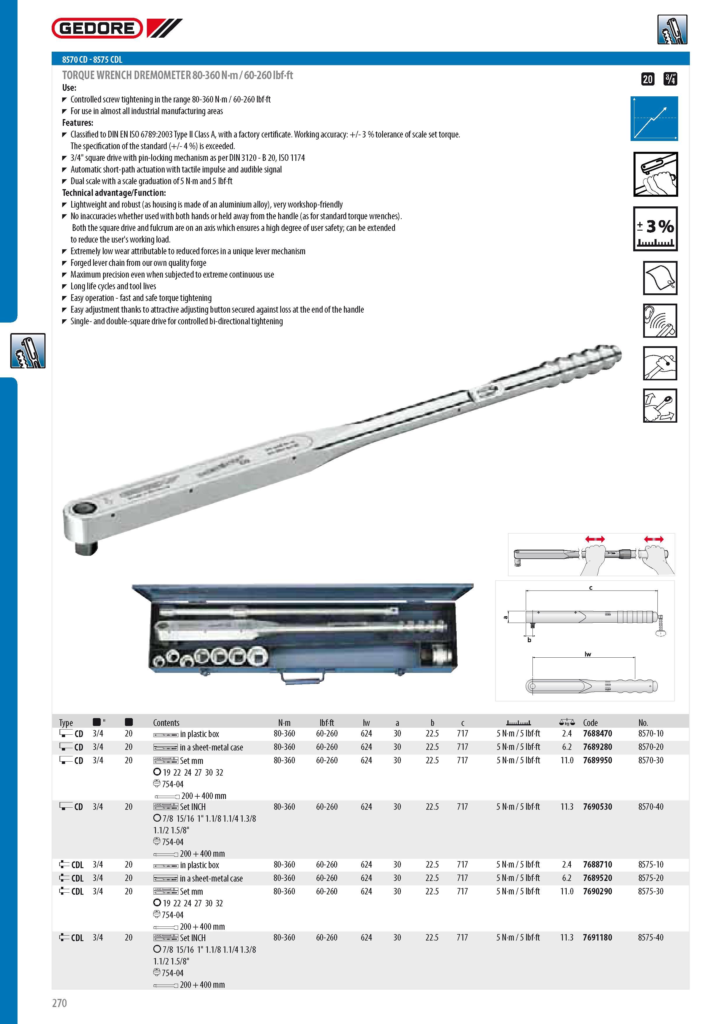 272 GEDORE 8570 CD - 8575 CDL TORQUE WRENCH DREMOMETER 80-360 N-m 60-260 lbf-ft Controlled screw tightening in the range 80-360 N m 60-260 lbf-ft For use in al Каталог GEDORE 2014 Профессиональный слесарный инструмент и оборудование для мастерских и машиностроительных производств Стр. 270 ENG