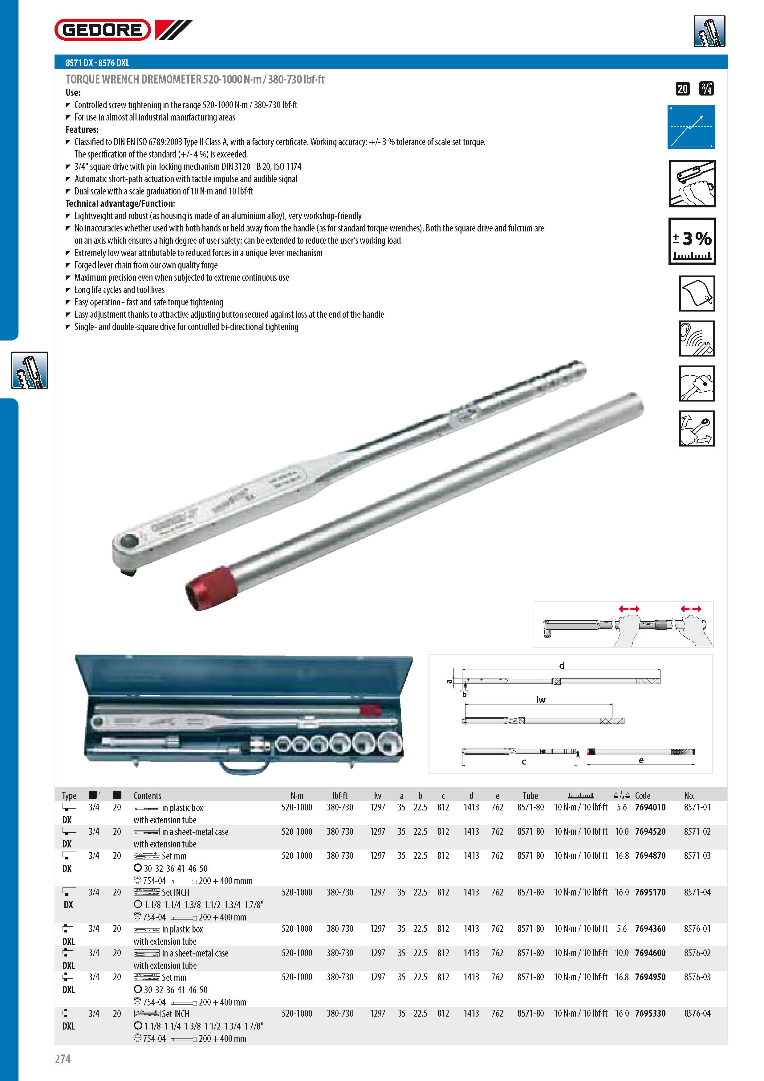 276 GEDORE 8571 DX - 8576 DXL TORQUE WRENCH DREMOMETER 520-1000 Nm 380-730 lbfft Controlled screw tightening in the range 520-1000 N m 380-730 lbf ft For use i Каталог GEDORE 2014 Профессиональный слесарный инструмент и оборудование для мастерских и машиностроительных производств Стр. 274 ENG