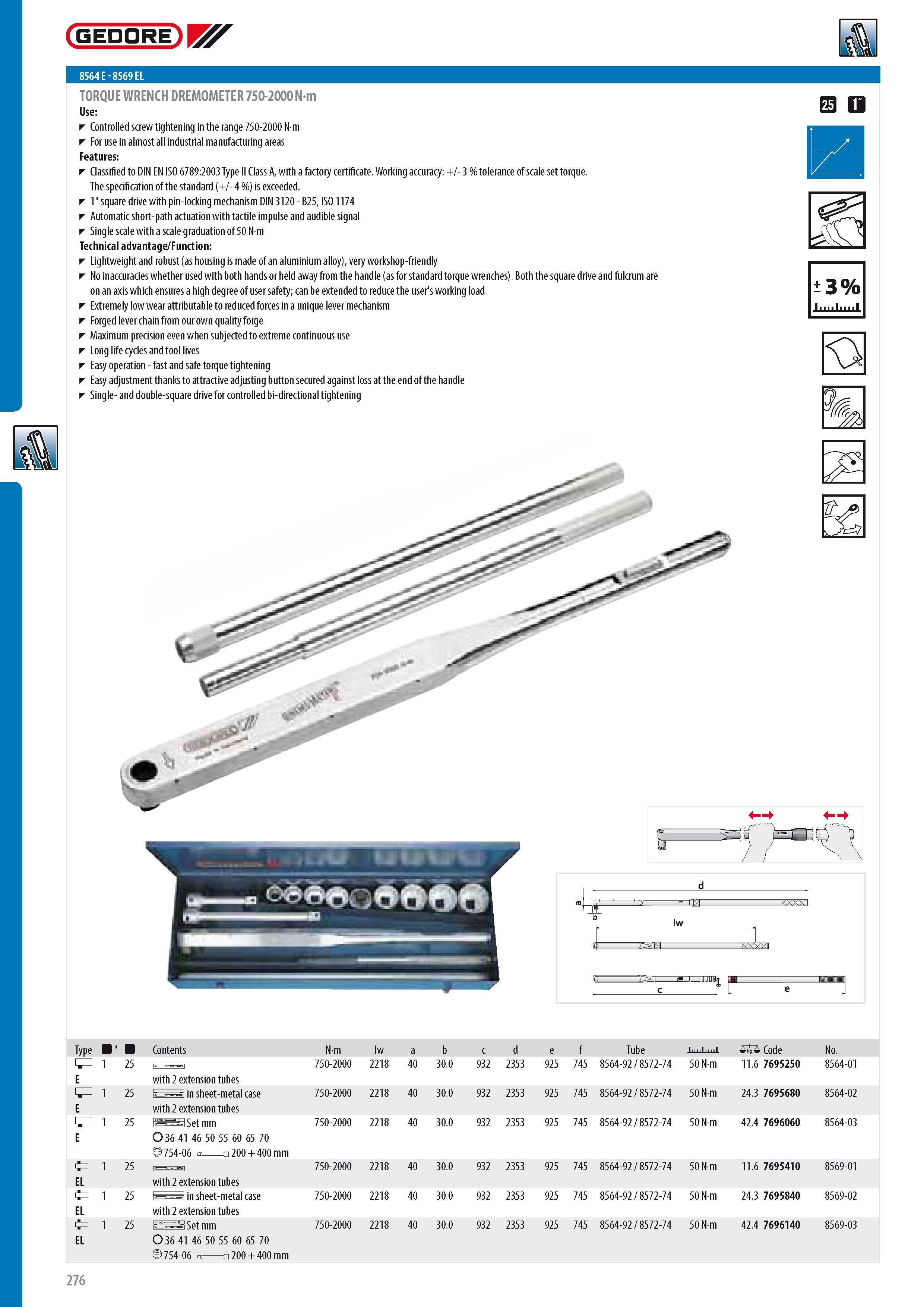 278 GEDORE 8564 E - 8569 EL TORQUE WRENCH DREMOMETER 750-2000 Nm Controlled screw tightening in the range 750-2000 N m For use in almost all industrial manufac Каталог GEDORE 2014 Профессиональный слесарный инструмент и оборудование для мастерских и машиностроительных производств Стр. 276 ENG