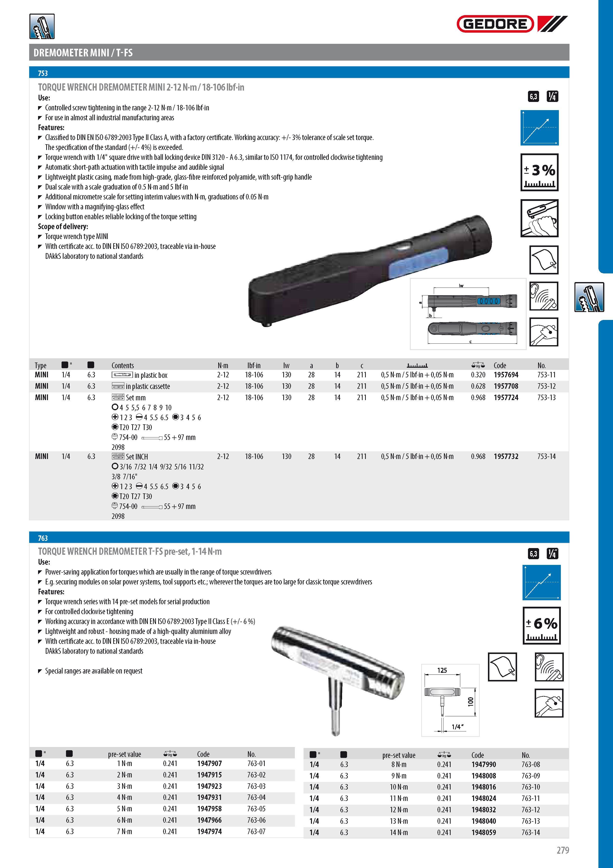 281 GEDORE DREMOMETER MINI T-FS TORQUE WRENCH DREMOMETER MINI 2-12 N-m 18-106 lbf-in Controlled screw tightening in the range 2-12 N m 18-106 lbf in For use in Каталог GEDORE 2014 Профессиональный слесарный инструмент и оборудование для мастерских и машиностроительных производств Стр. 279 ENG