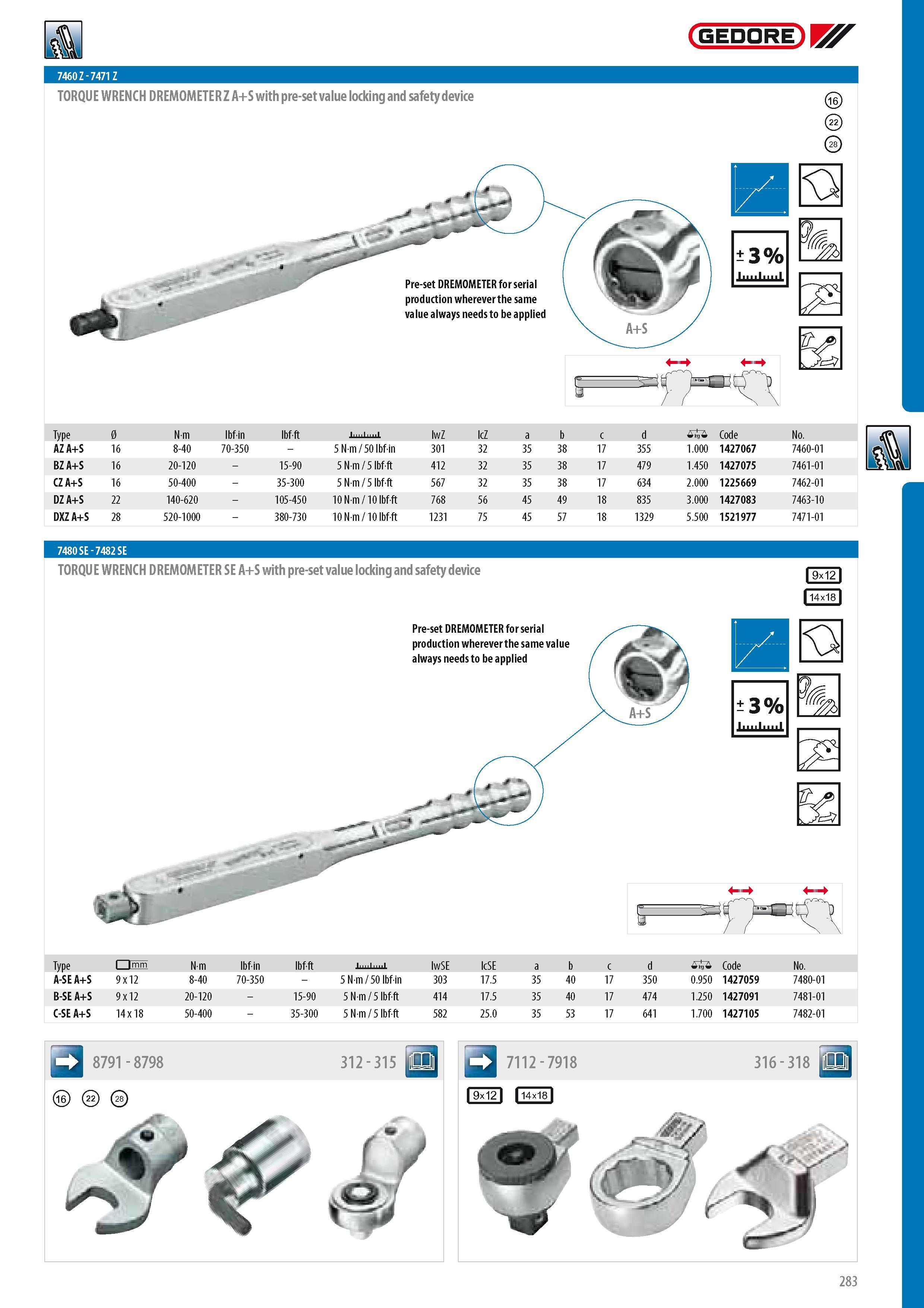 285 GEDORE 7460Z - 7471Z TORQUE WRENCH DREMOMETER Z A+S with pre-set value locking and safety device 0 Type 0 Nm lbfin lbf-ft lwZ lcZ a b c d 0 Code No AZ A+S Каталог GEDORE 2014 Профессиональный слесарный инструмент и оборудование для мастерских и машиностроительных производств Стр. 283 ENG