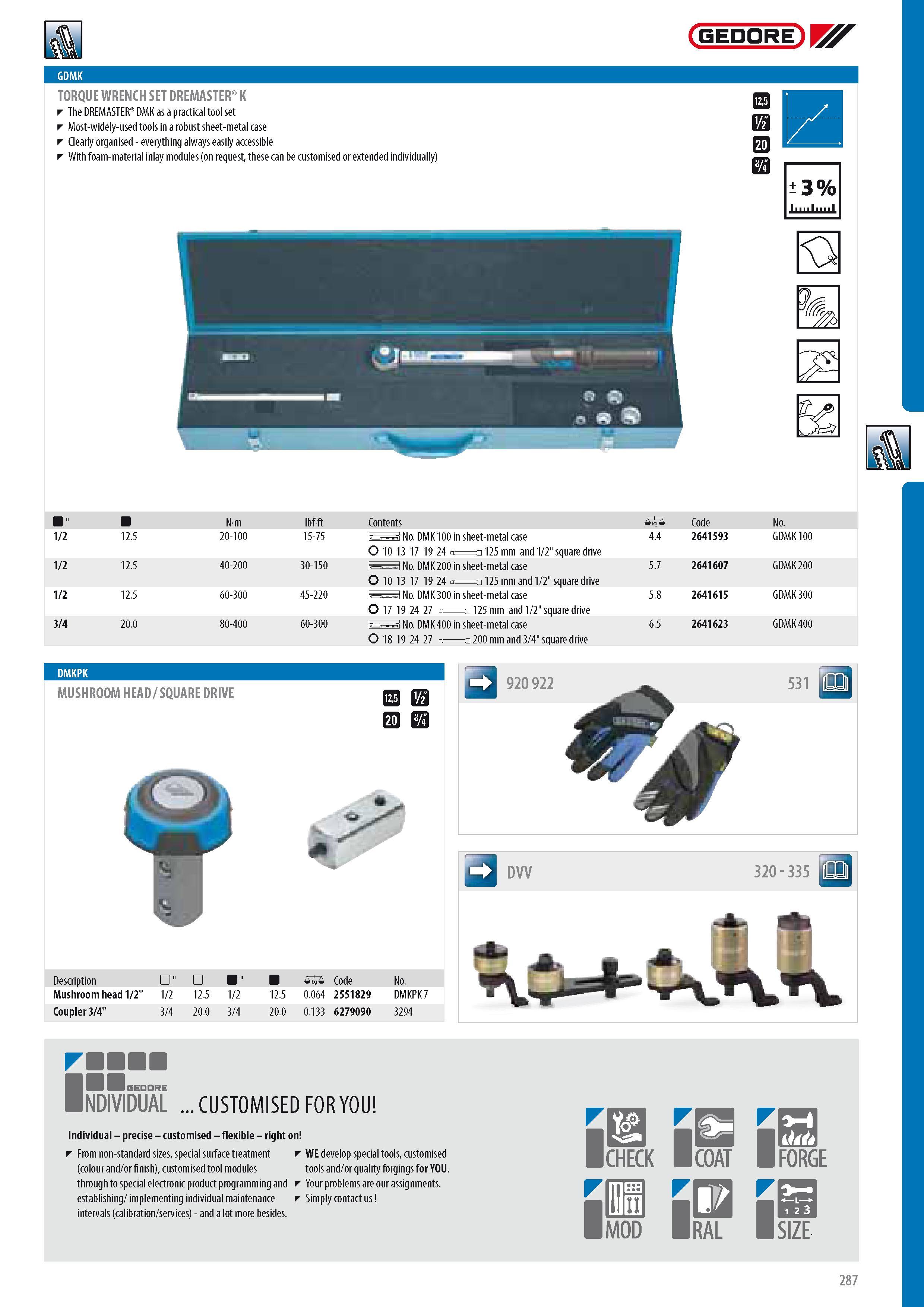 289 GEDORE TORQUE WRENCH SET DREMASTER K The DREMASTER DMK as a practical tool set Most-widely-used tools in a robust sheet-metal case Clearly organised - ever Каталог GEDORE 2014 Профессиональный слесарный инструмент и оборудование для мастерских и машиностроительных производств Стр. 287 ENG