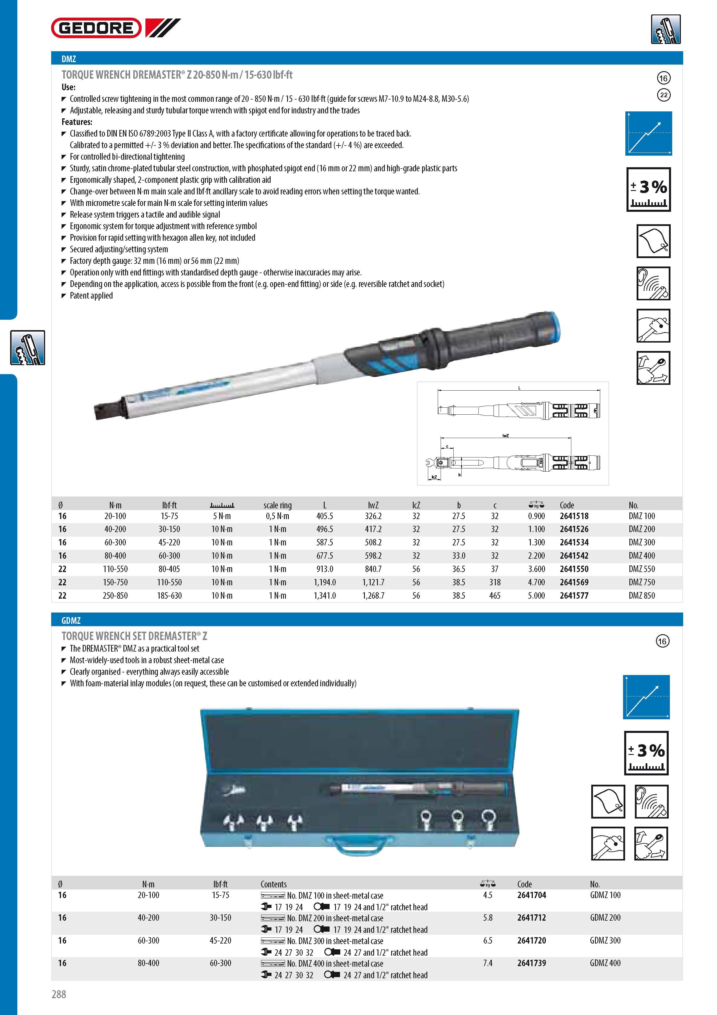 290 GEDORE TORQUE WRENCH DREMASTER Z 20-850 Nm 15-630 lbf-ft Controlled screw tightening in the most common range of 20 - 850 N m 15 - 630 lbf-ft (guide for sc Каталог GEDORE 2014 Профессиональный слесарный инструмент и оборудование для мастерских и машиностроительных производств Стр. 288 ENG