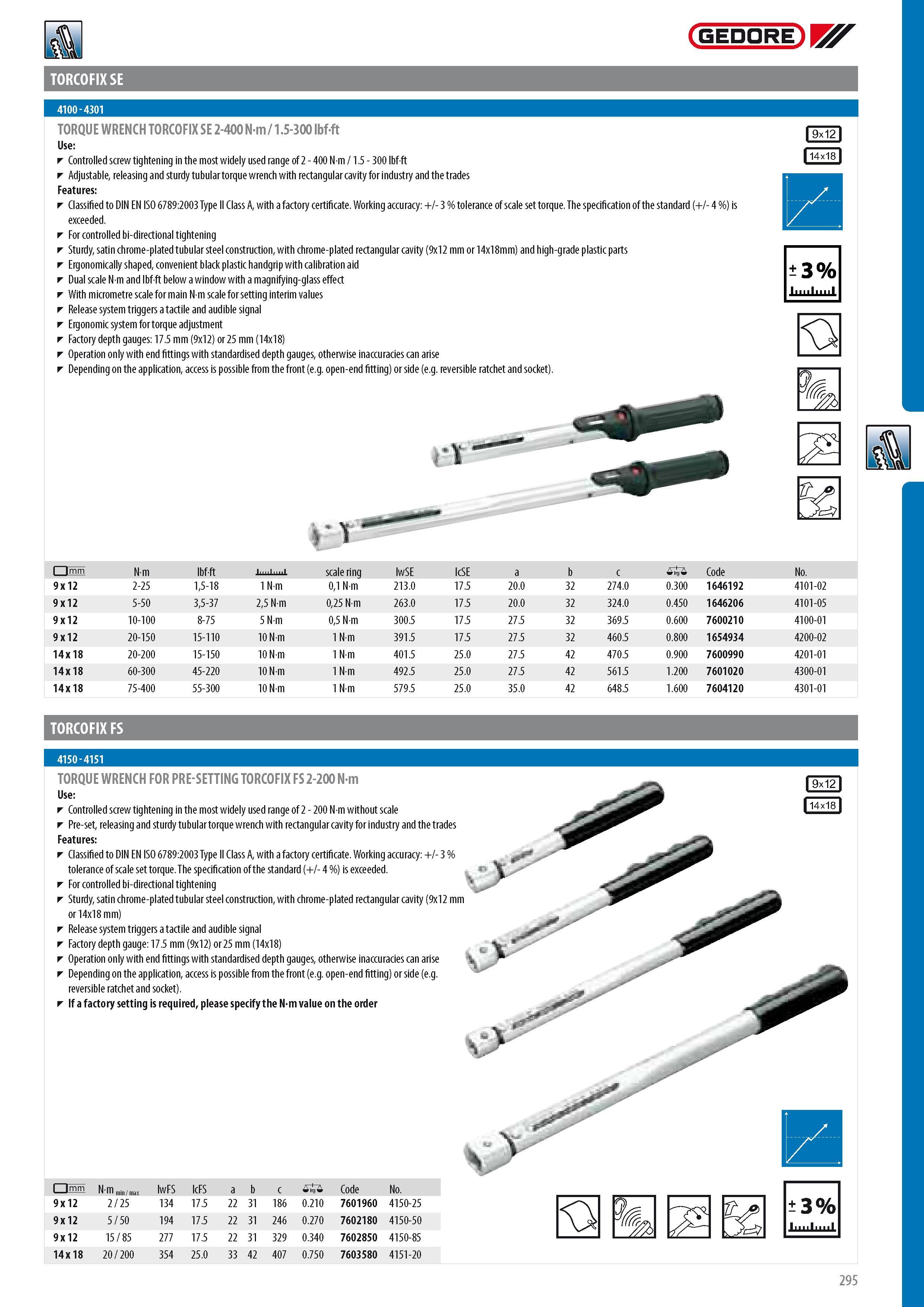 297 GEDORE TORCOFIX SE TORQUE WRENCH TORCOFIX SE 2-400 Nm 1 5-300 lbf-ft Controlled screw tightening in the most widely used range of 2 - 400 N m 1 5 - 300 lbf Каталог GEDORE 2014 Профессиональный слесарный инструмент и оборудование для мастерских и машиностроительных производств Стр. 295 ENG