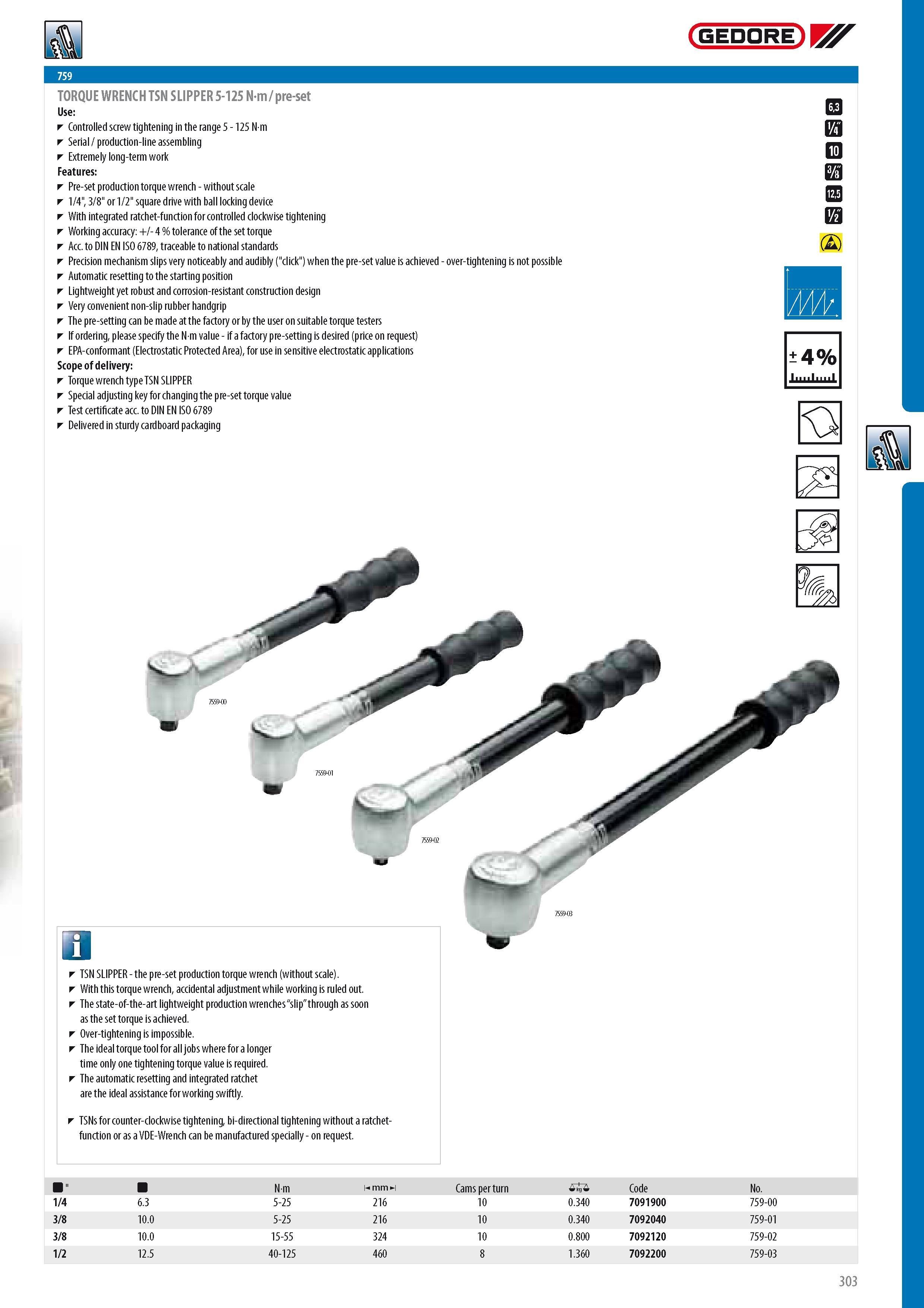 305 GEDORE TORQUE WRENCH TSN SLIPPER 5-125 Nm pre-set Use Controlled screw tightening in the range 5 - 125 N m Serial production-line assembling Extremely long Каталог GEDORE 2014 Профессиональный слесарный инструмент и оборудование для мастерских и машиностроительных производств Стр. 303 ENG