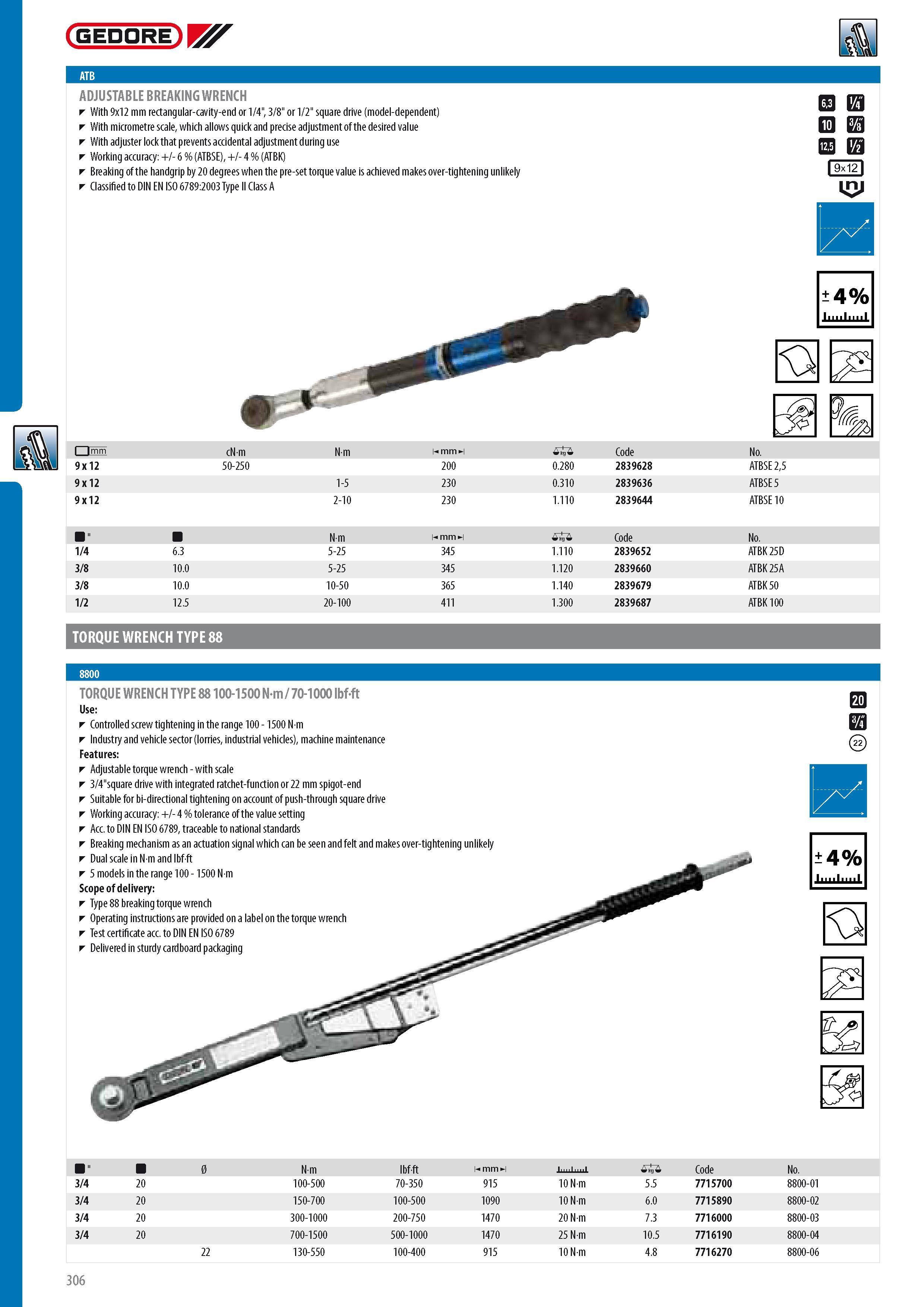 308 GEDORE ADJUSTABLE BREAKING WRENCH With 9x12 mm rectangular-cavity-end or 1 4 3 8 or 1 2 square drive (model-dependent) With micrometre scale which allows q Каталог GEDORE 2014 Профессиональный слесарный инструмент и оборудование для мастерских и машиностроительных производств Стр. 306 ENG
