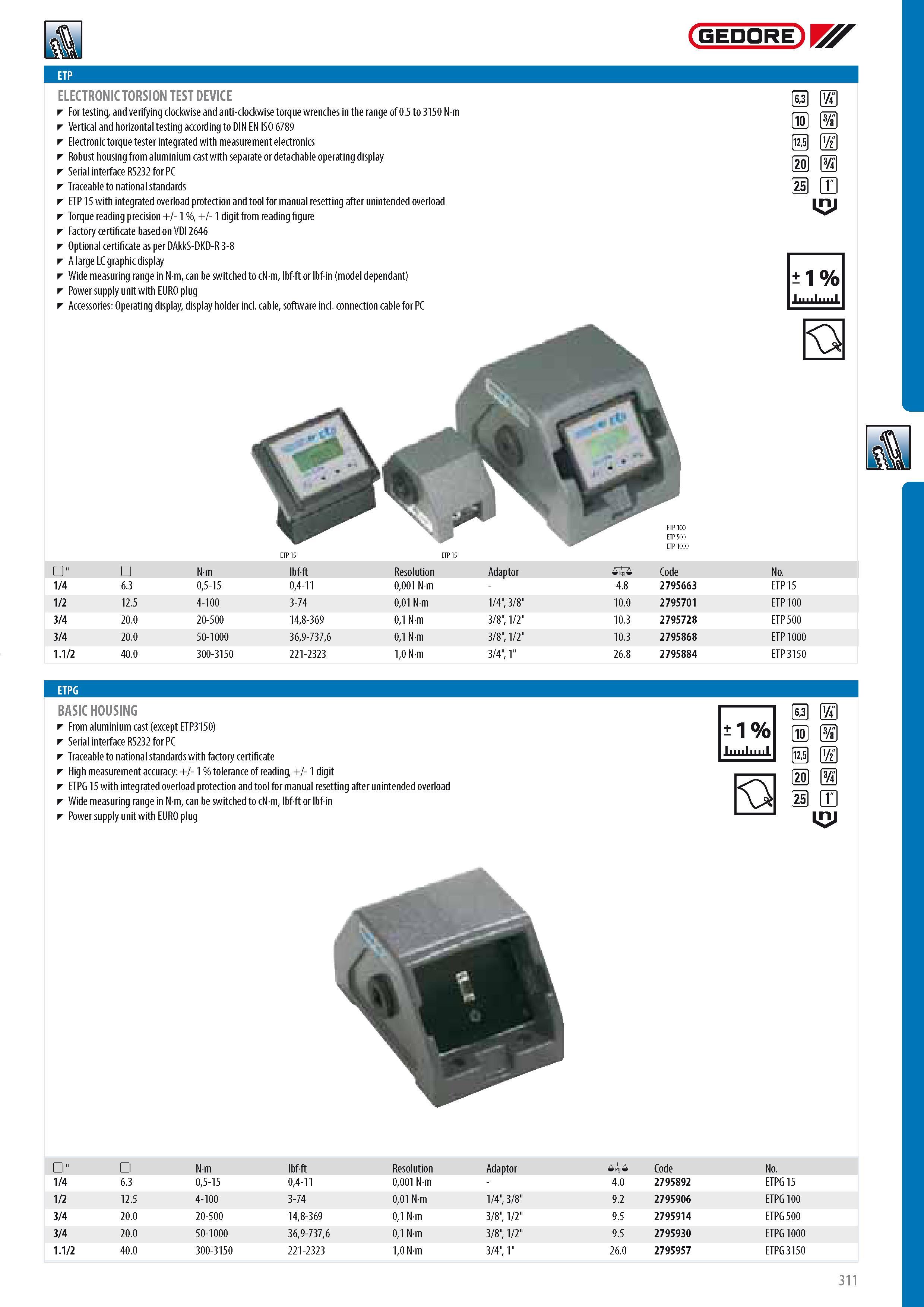 313 GEDORE ELECTRONIC TORSION TEST DEVICE For testing and verifying clockwise and anti-clockwise torque wrenches in the range of 0 5 to 3150 N m Vertical and h Каталог GEDORE 2014 Профессиональный слесарный инструмент и оборудование для мастерских и машиностроительных производств Стр. 311 ENG
