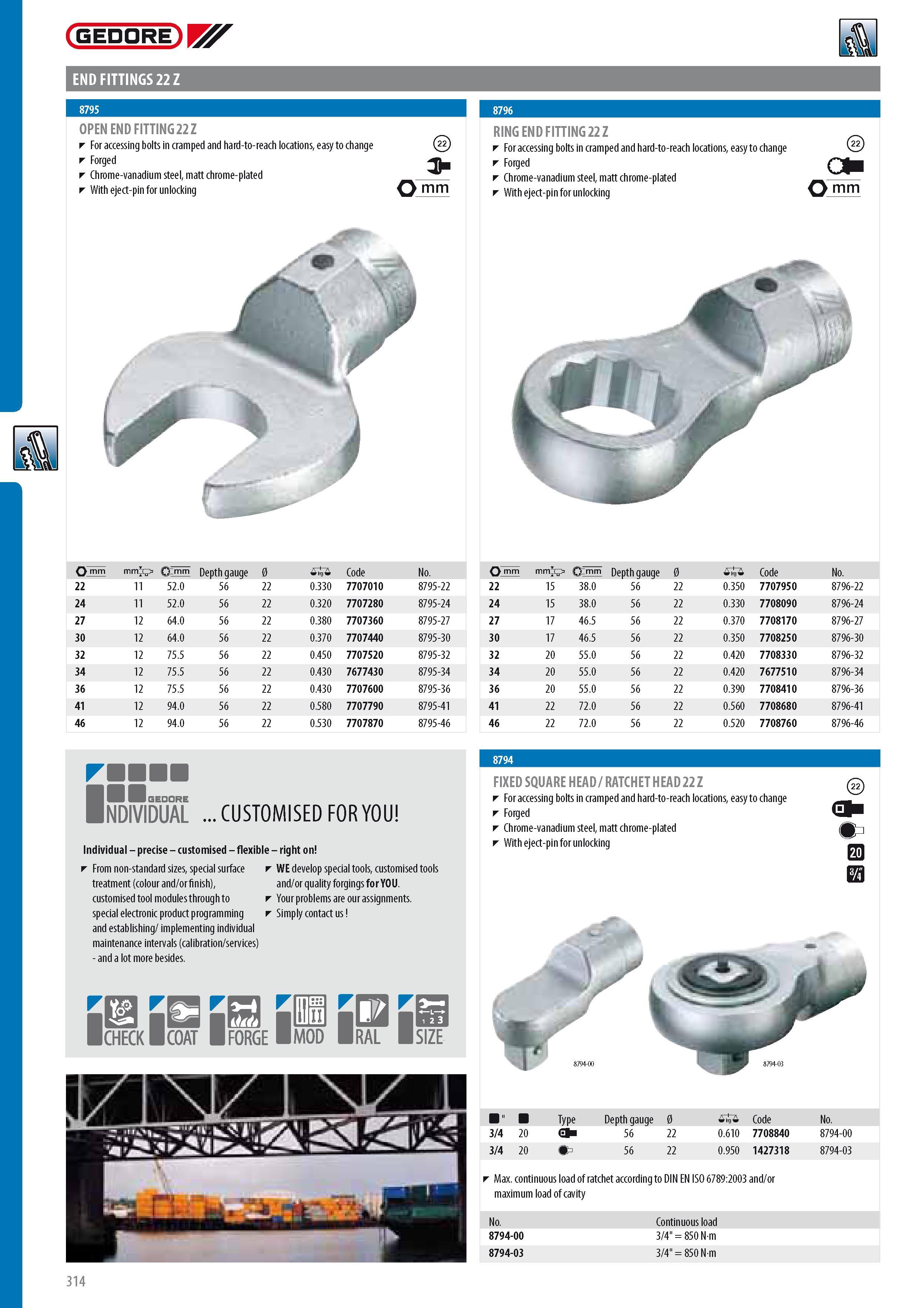 316 GEDORE END FITTINGS 22 Z OPEN END FITTING 22 Z For accessing bolts in cramped and hard-to-reach locations easy to change Forged Chrome-vanadium steel matt Каталог GEDORE 2014 Профессиональный слесарный инструмент и оборудование для мастерских и машиностроительных производств Стр. 314 ENG