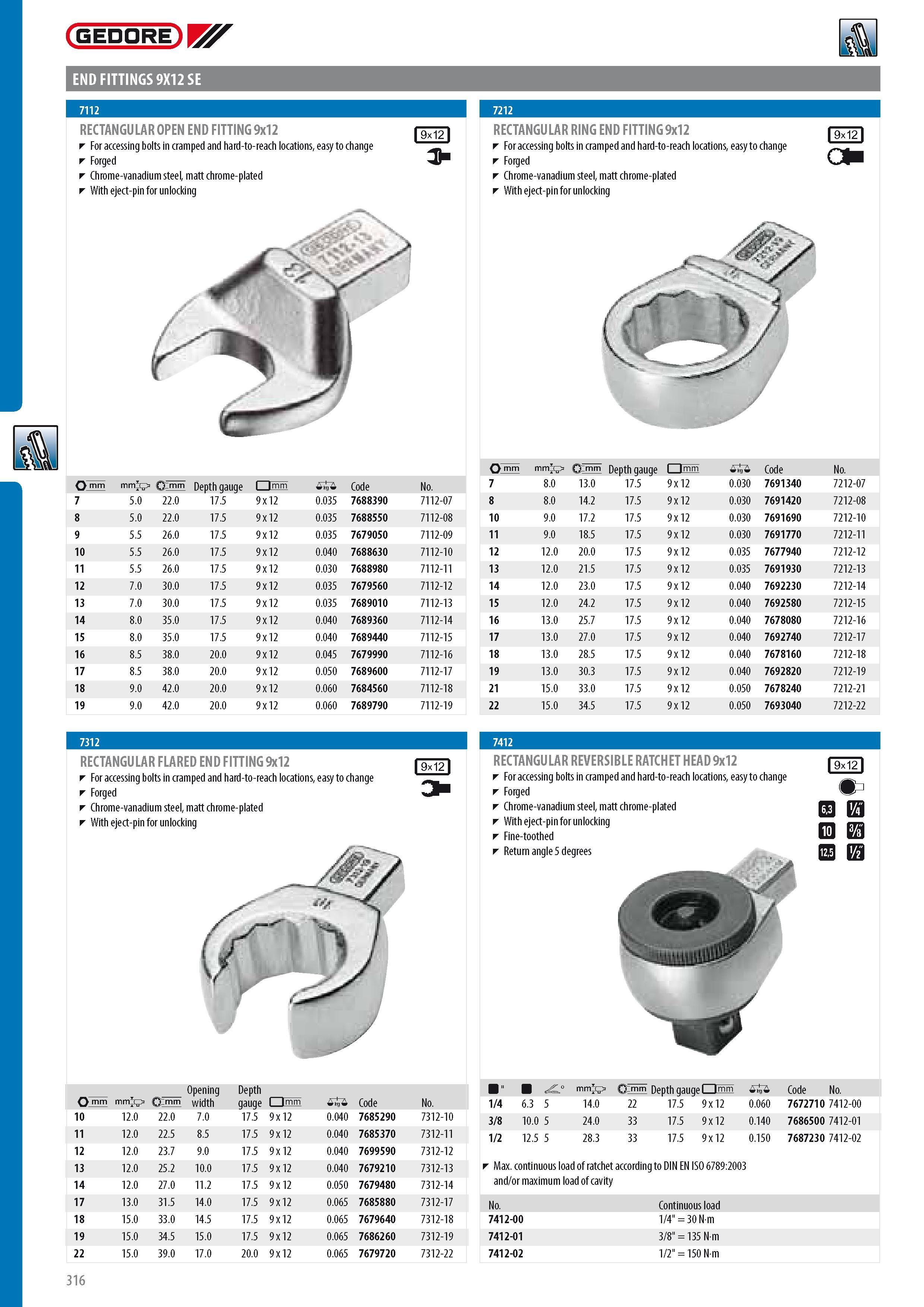 318 GEDORE END FITTINGS 9X12 SE RECTANGULAR OPEN END FITTING 9x12 For accessing bolts in cramped and hard-to-reach locations easy to change Forged Chrome-vanad Каталог GEDORE 2014 Профессиональный слесарный инструмент и оборудование для мастерских и машиностроительных производств Стр. 316 ENG