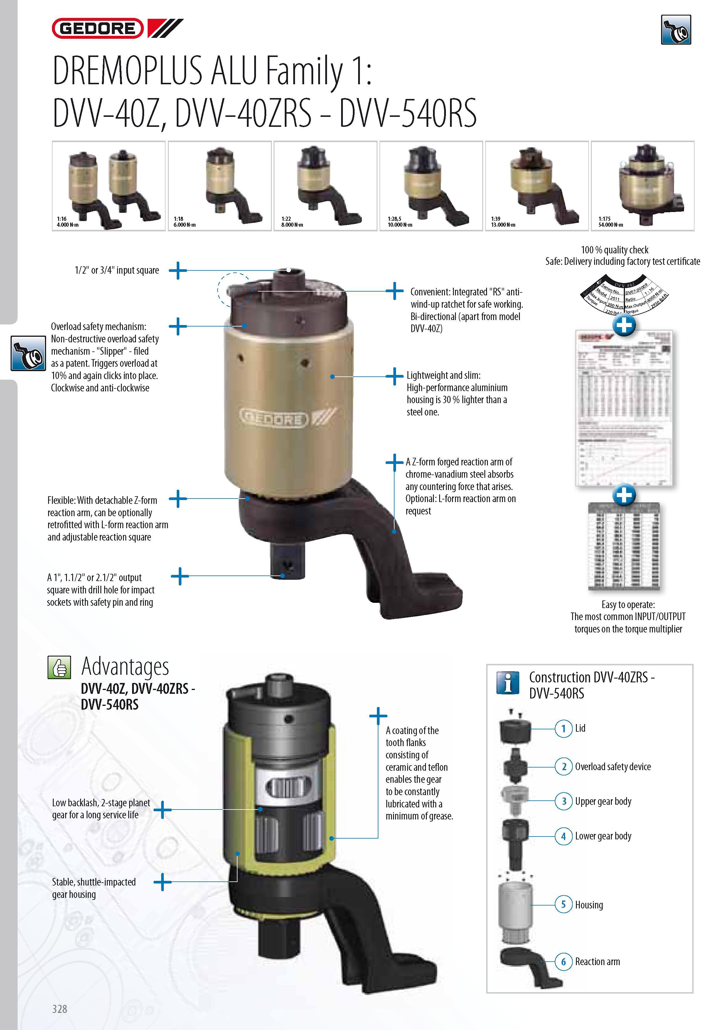 330 GEDORE DREMOPLUS ALU Family 1 DVV-40Z DVV-40ZRS - DVV-540RS 1 2 or 3 4 input square Overload safety mechanism Non-destructive overload safety mechanism - S Каталог GEDORE 2014 Профессиональный слесарный инструмент и оборудование для мастерских и машиностроительных производств Стр. 328 ENG