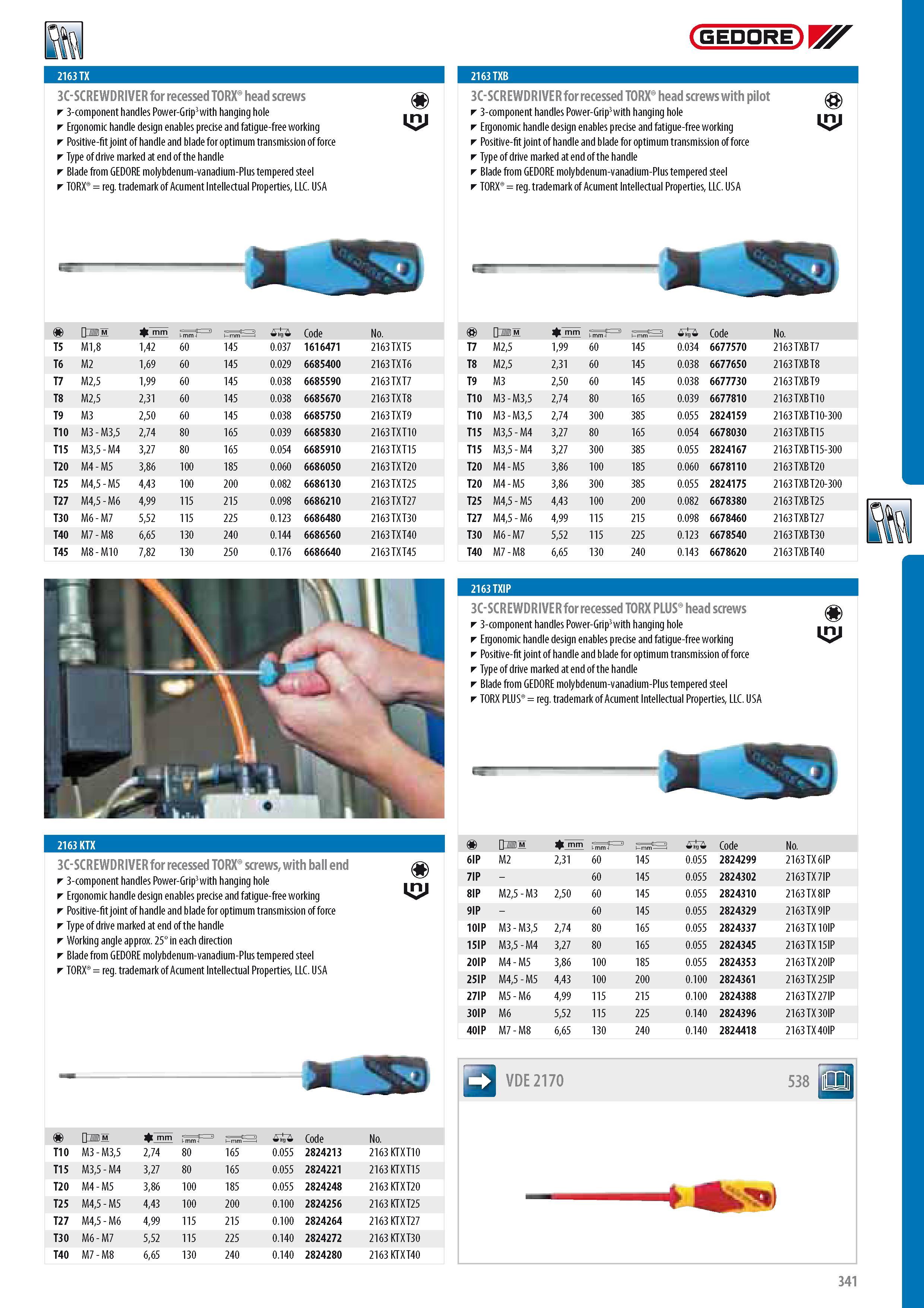 343 GEDORE 3C-SCREWDRIVER for recessed TORX head screws 3-component handles Power-Grip3 with hanging hole Ergonomic handle design enables precise and fatigue-f Каталог GEDORE 2014 Профессиональный слесарный инструмент и оборудование для мастерских и машиностроительных производств Стр. 341 ENG